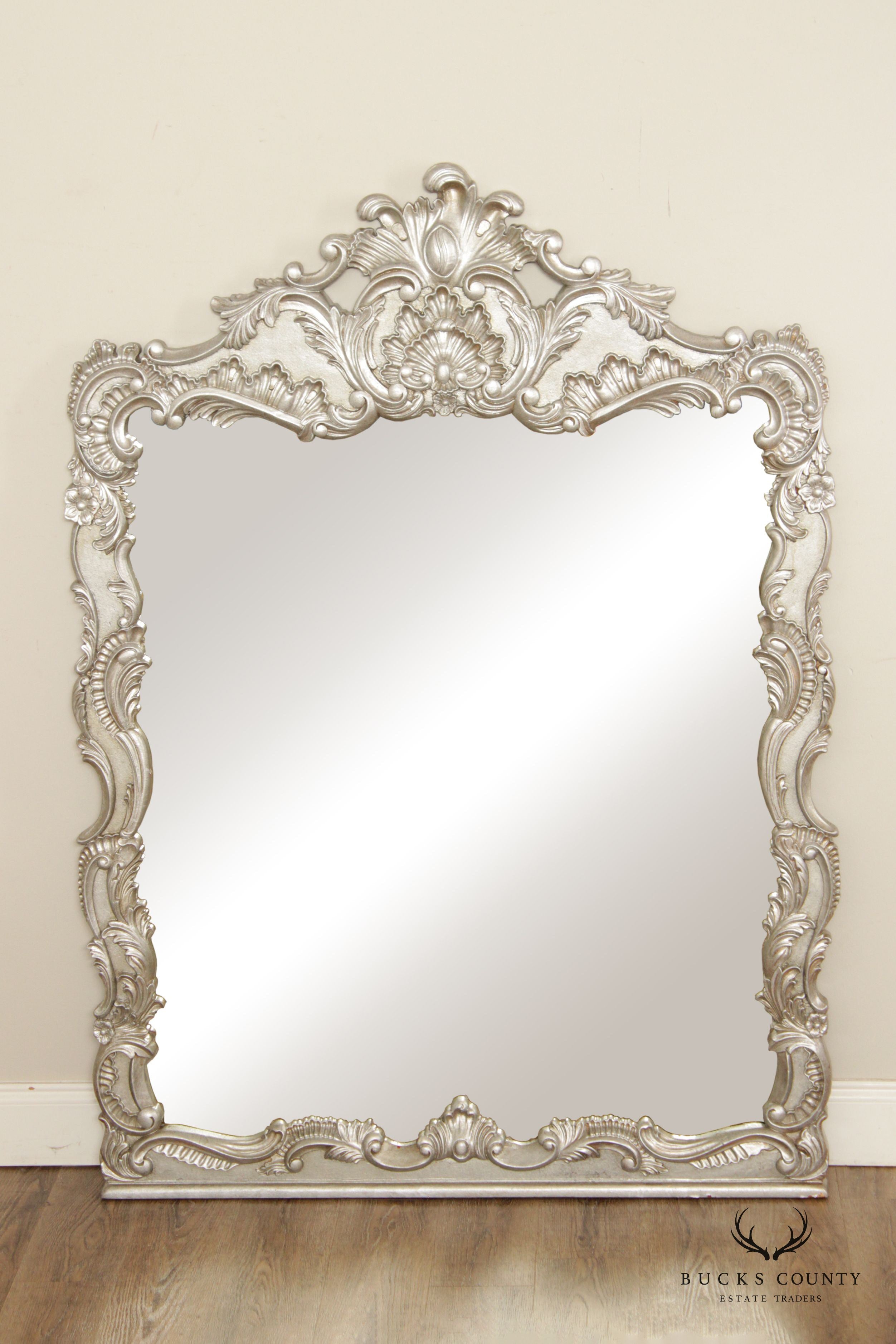 LaBarge Rococo Style Silver Gilt Large Carved Frame Wall Mirror