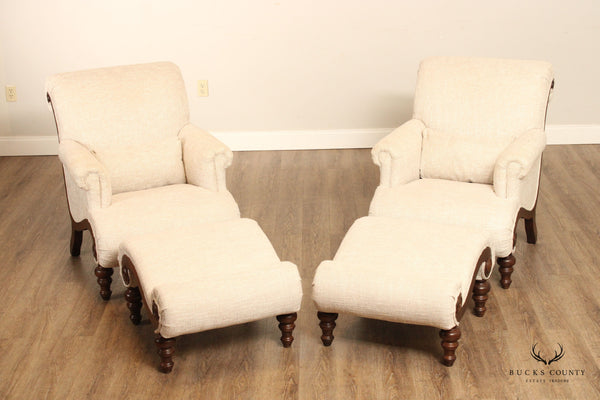 Drexel Heritage British Colonial Style Pair Custom Upholstered Lounge Chairs with Ottomans