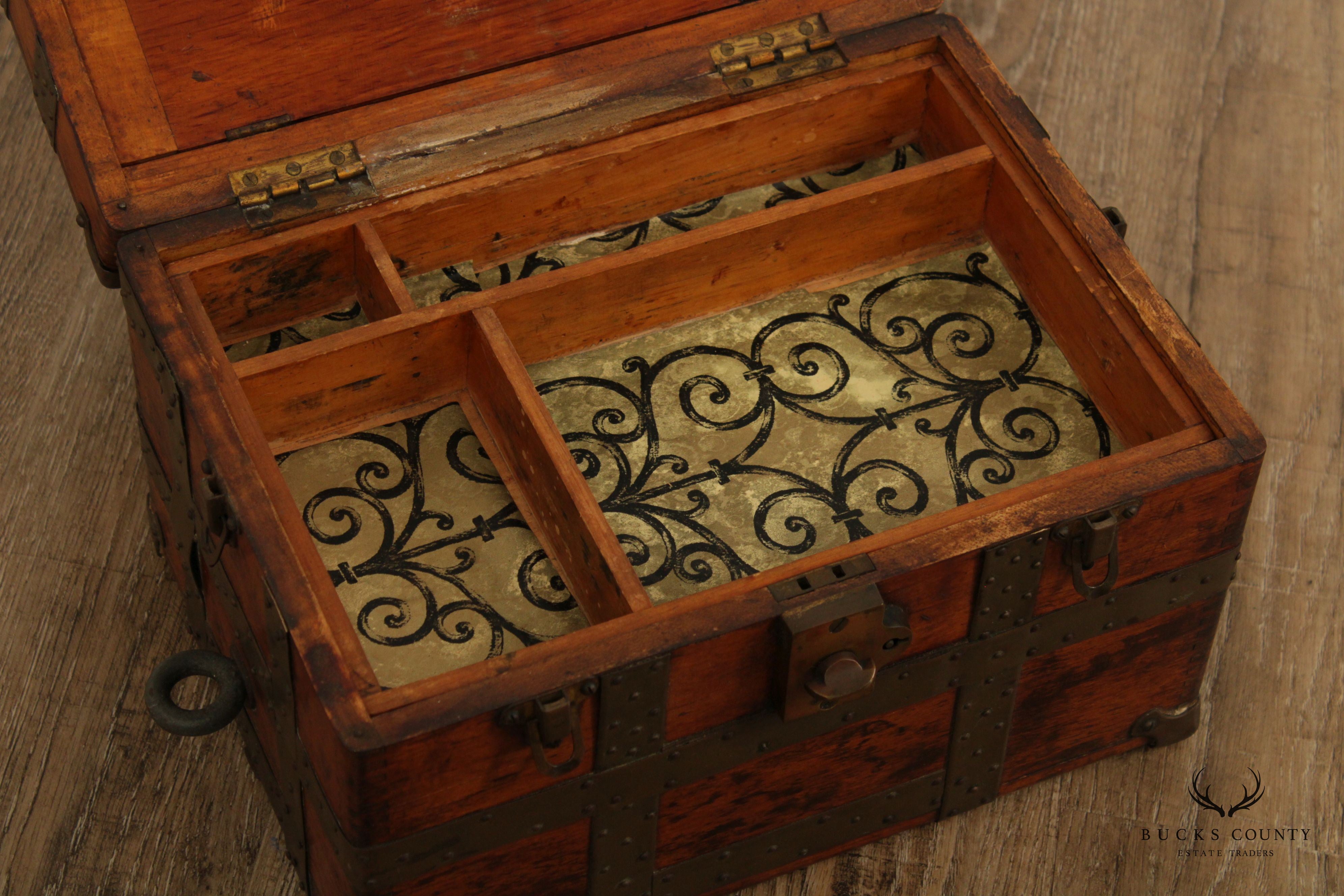 Antique Rustic Wood and Metal Small Storage Steamer Chest Trunk