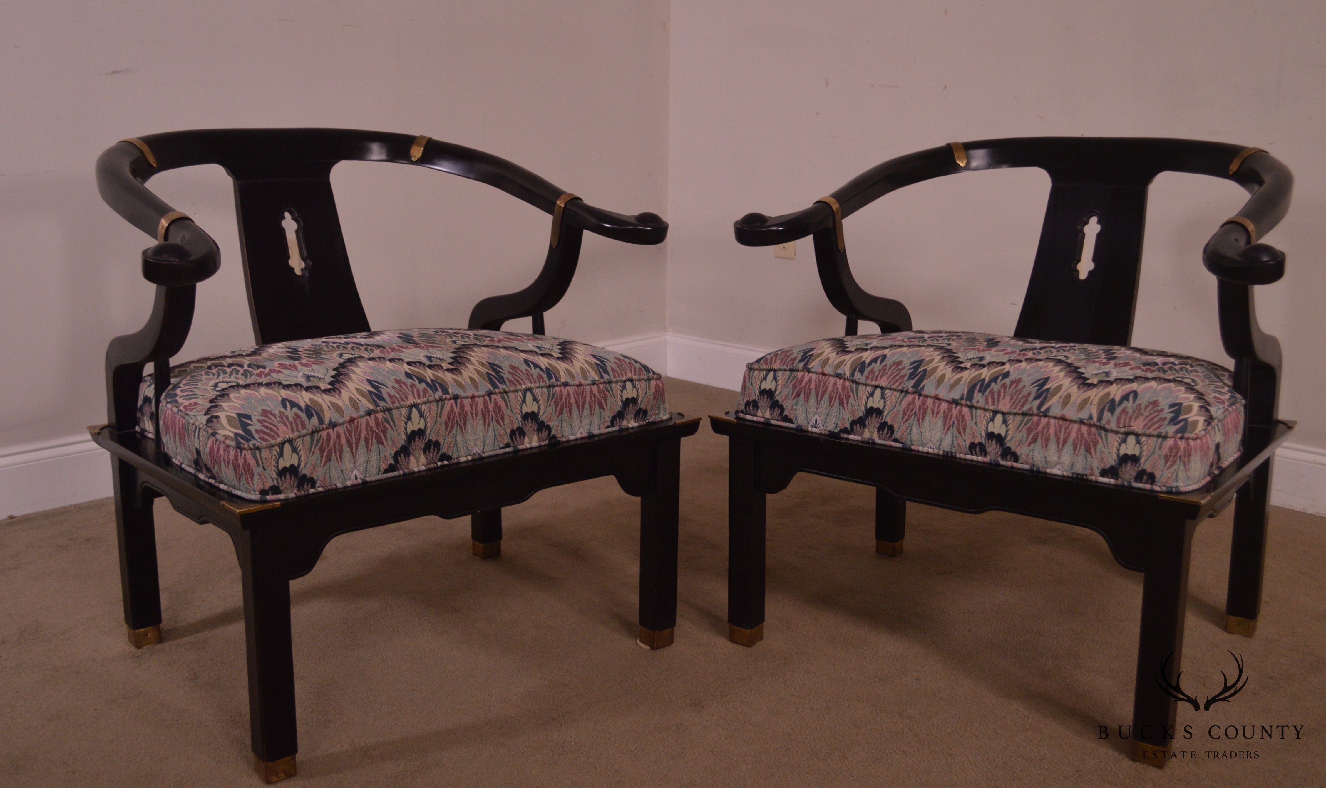 Mid Century Black Lacquered Pair Asian Style Horseshoe Armchairs