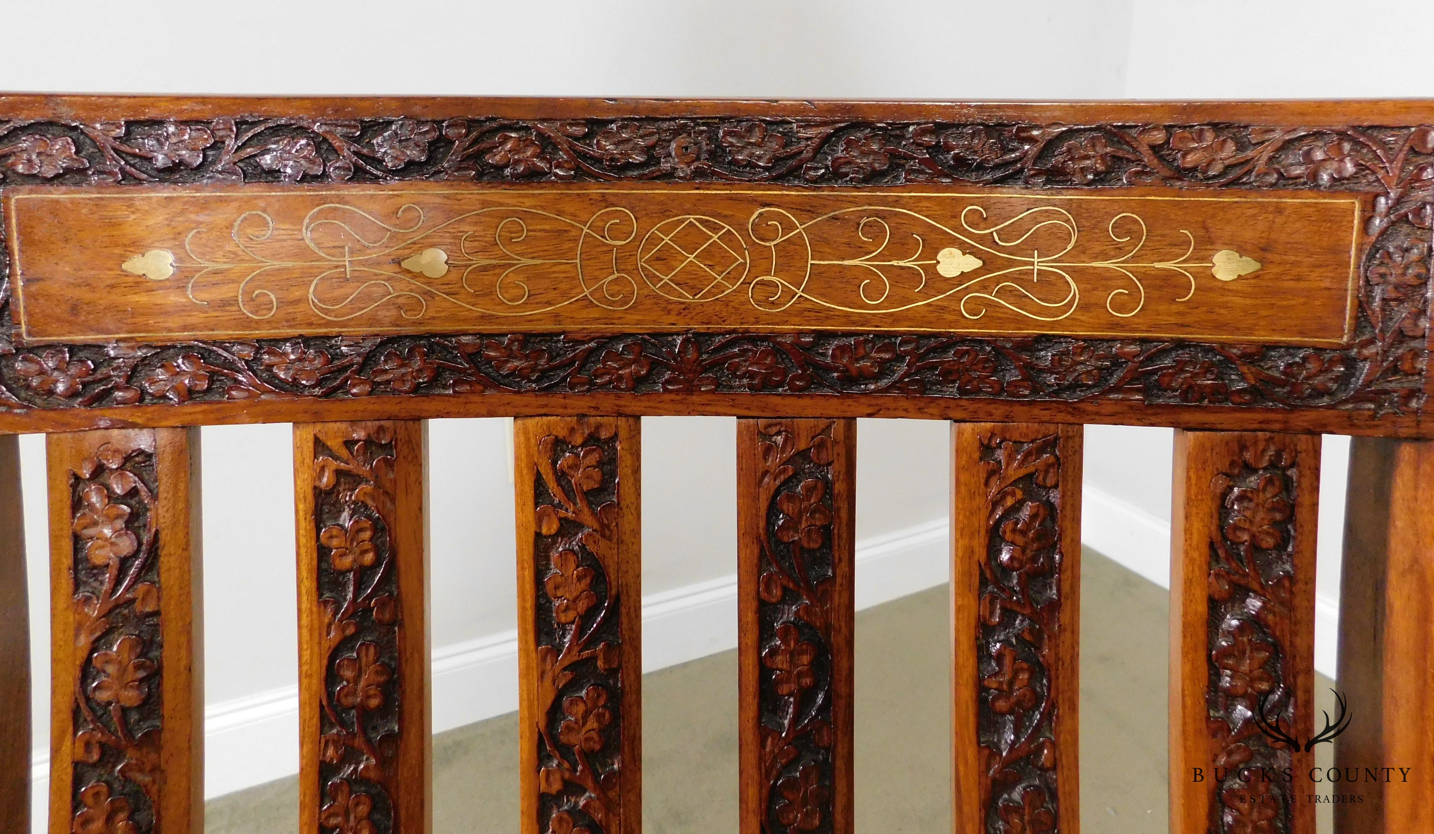 Vintage Indian Carved Hardwood Brass Inlaid Rocker