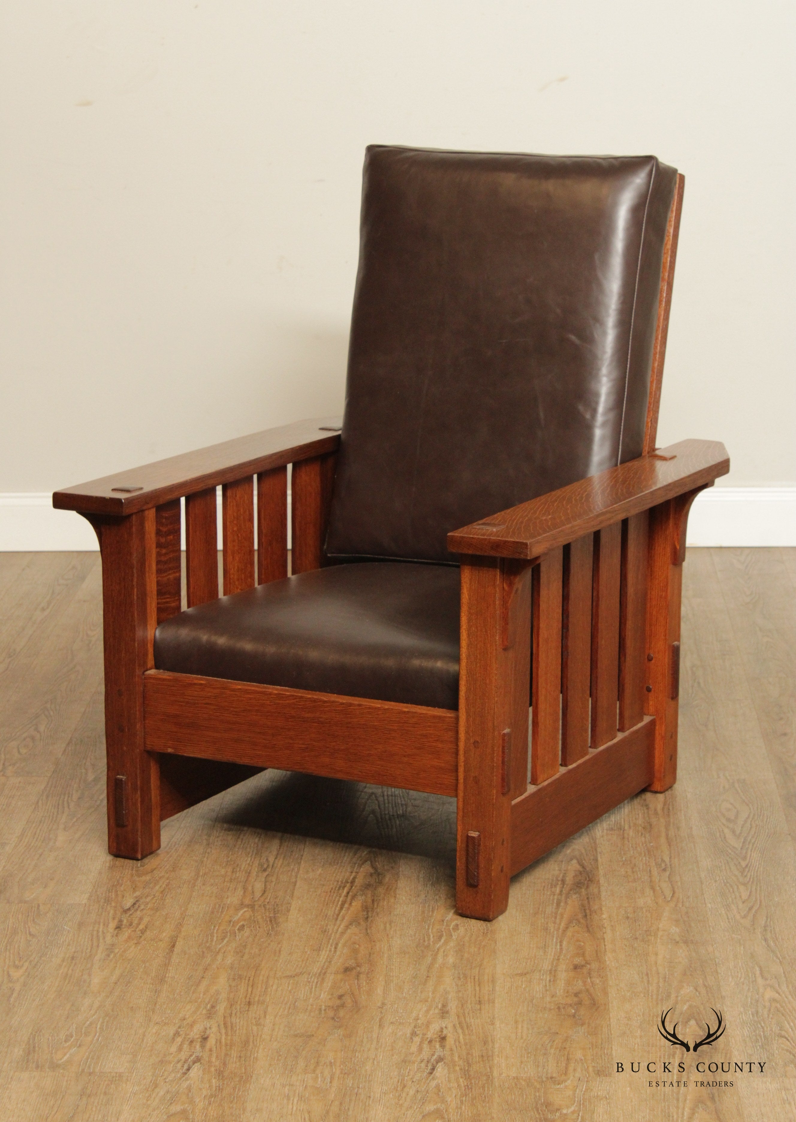 Gustav Stickley Antique Mission Oak and Leather Reclining Morris Chair