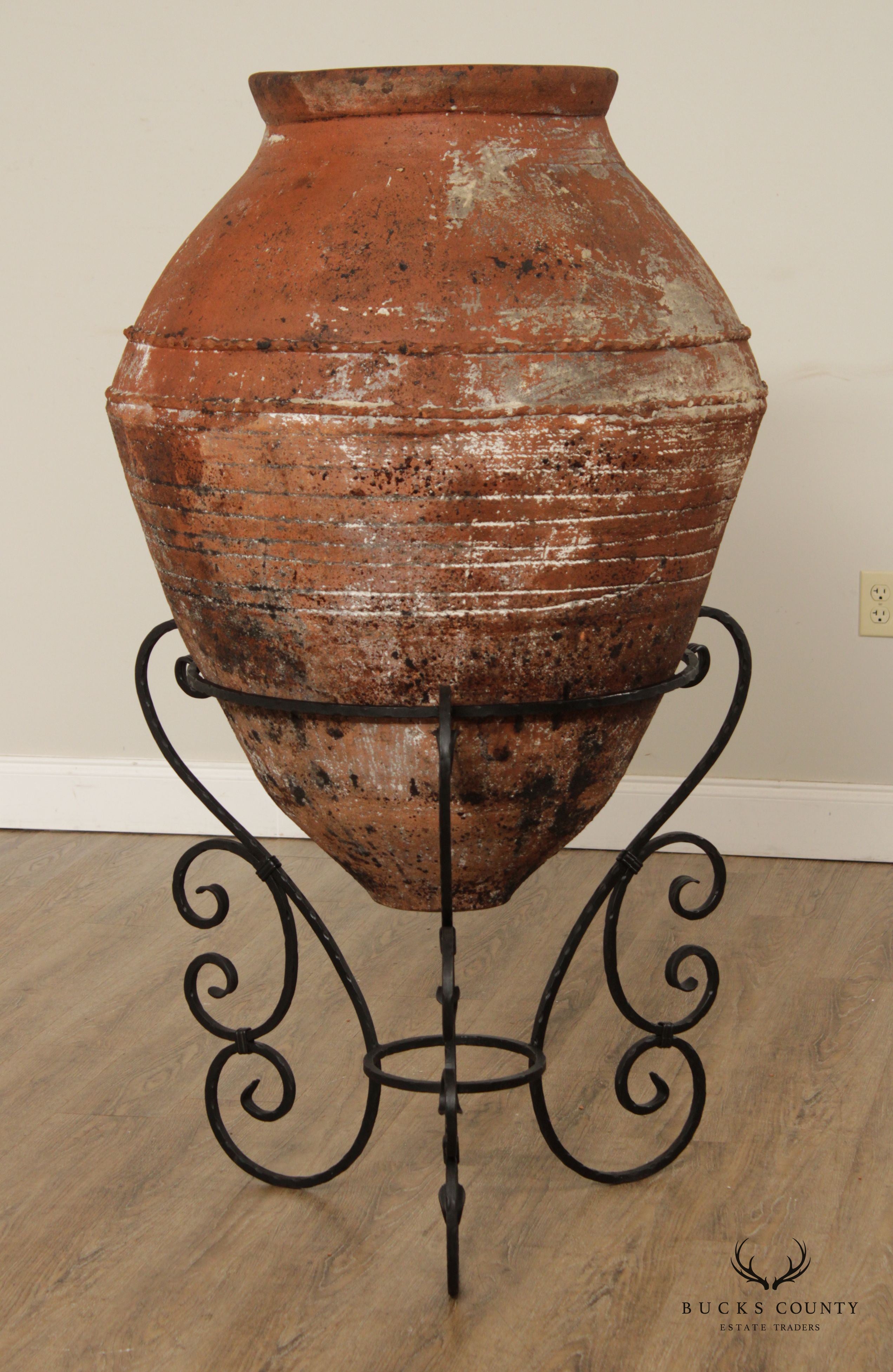 Antique Mediterranean Large Terra Cotta Amphora Floor Vase on Stand