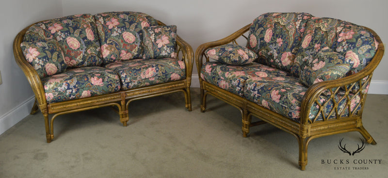 Quality Rattan Pair Curved Back Loveseats with Custom Floral Upholstered Cushions