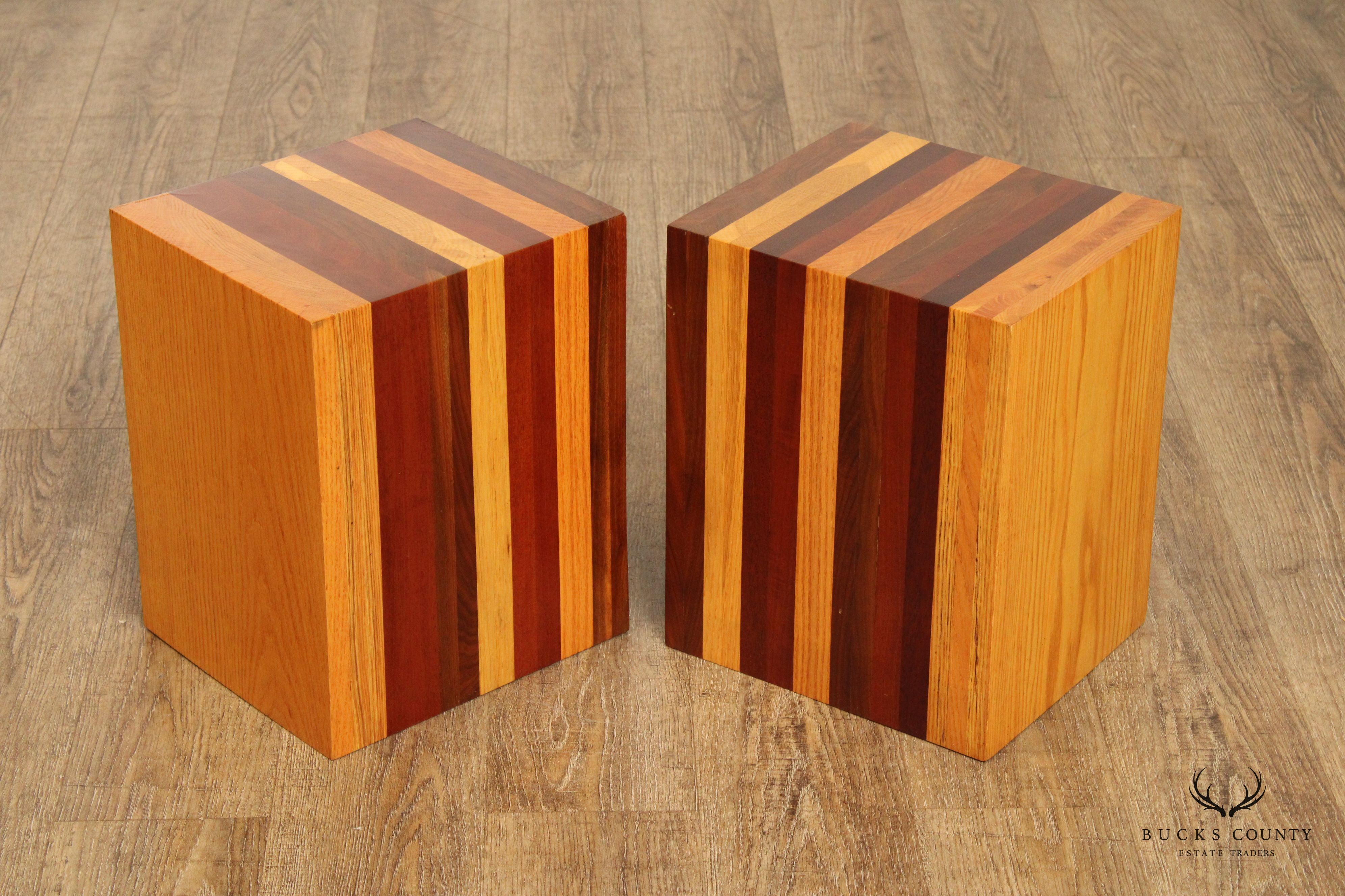 1960s Mid Century Vintage Mixed Wood Pair Side Tables Inspired by Milo Baughman