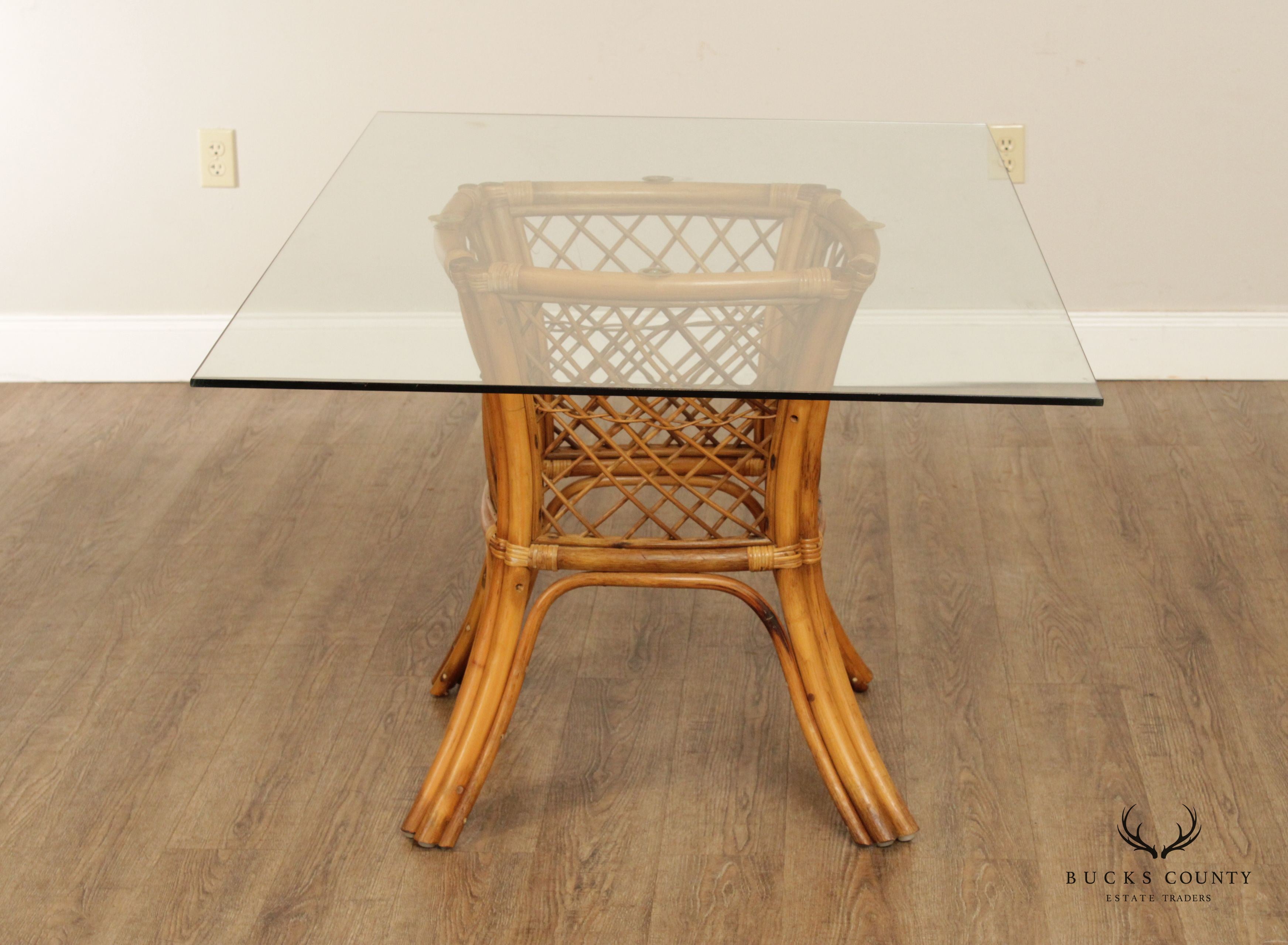 Mid Century Rattan Glass Top Dining Table