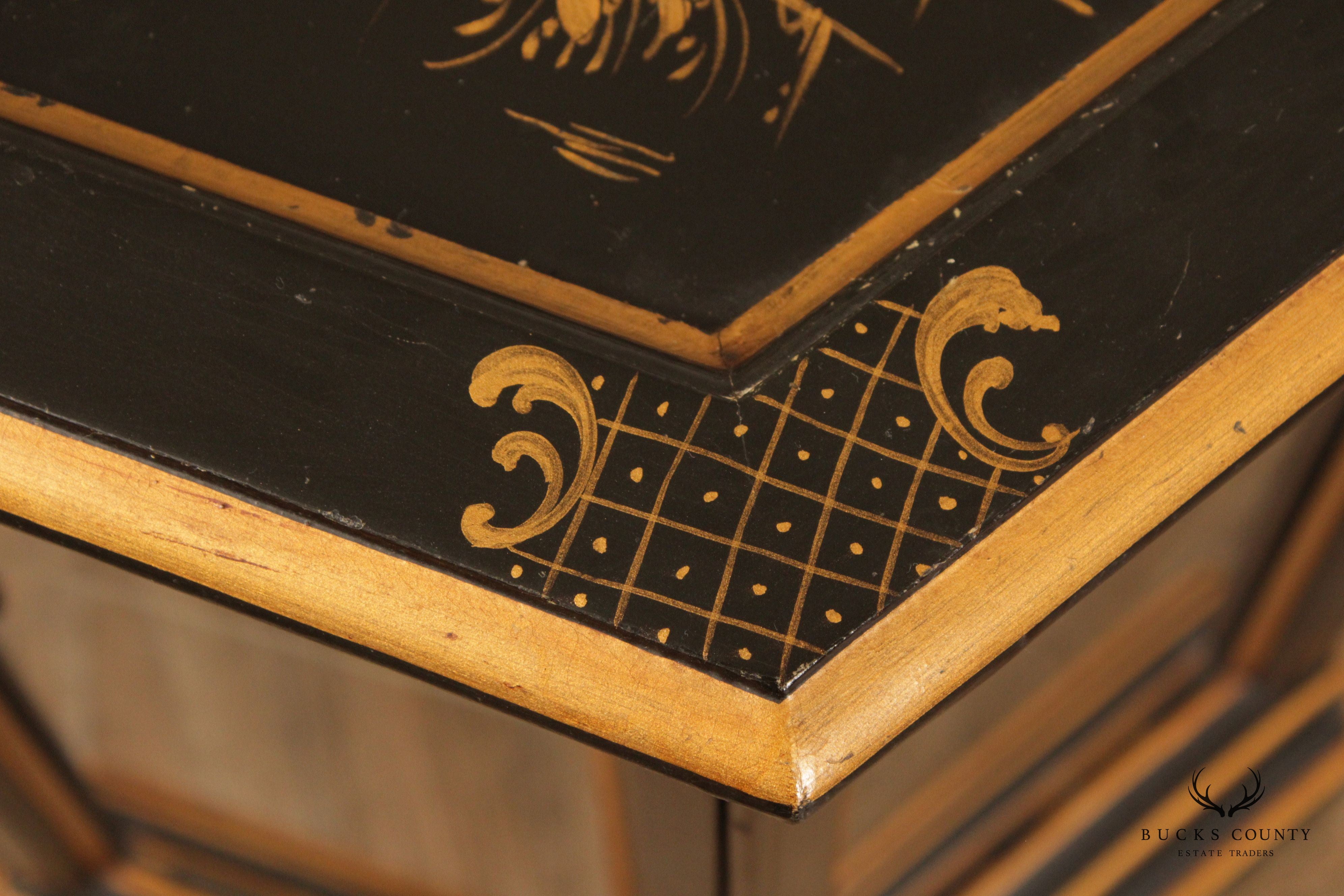 Chinoiserie Decorated Black and Gold Vitrine Side Table