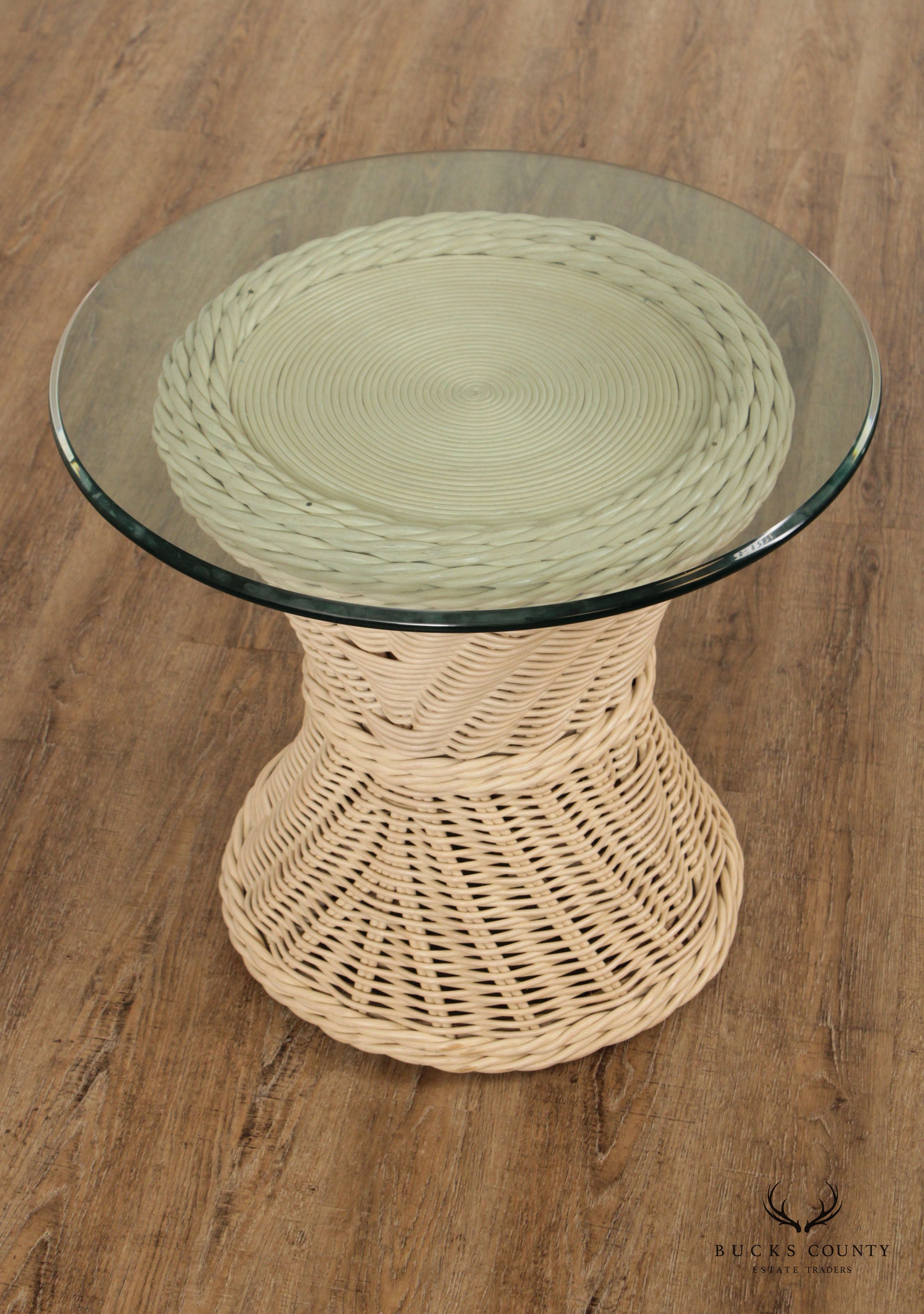 Quality Vintage Round Wicker Rattan Glass Top Side Table (B)