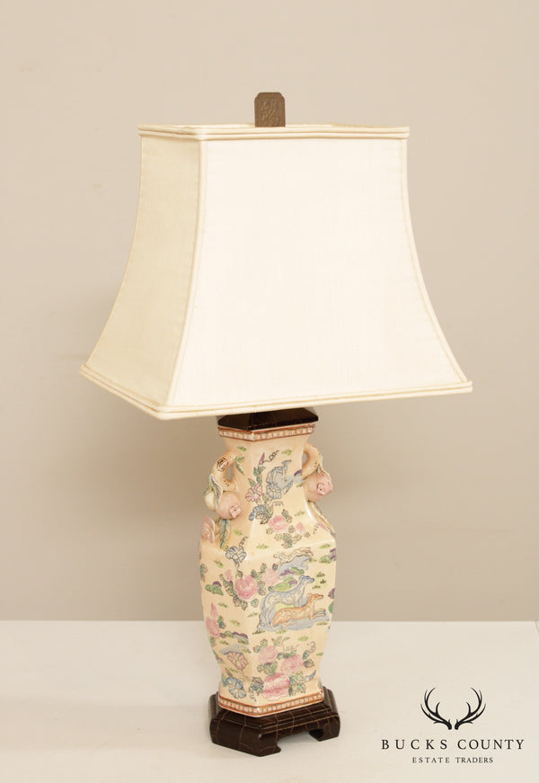 Vintage Chinoiserie Porcelain Table Lamp with Shade`