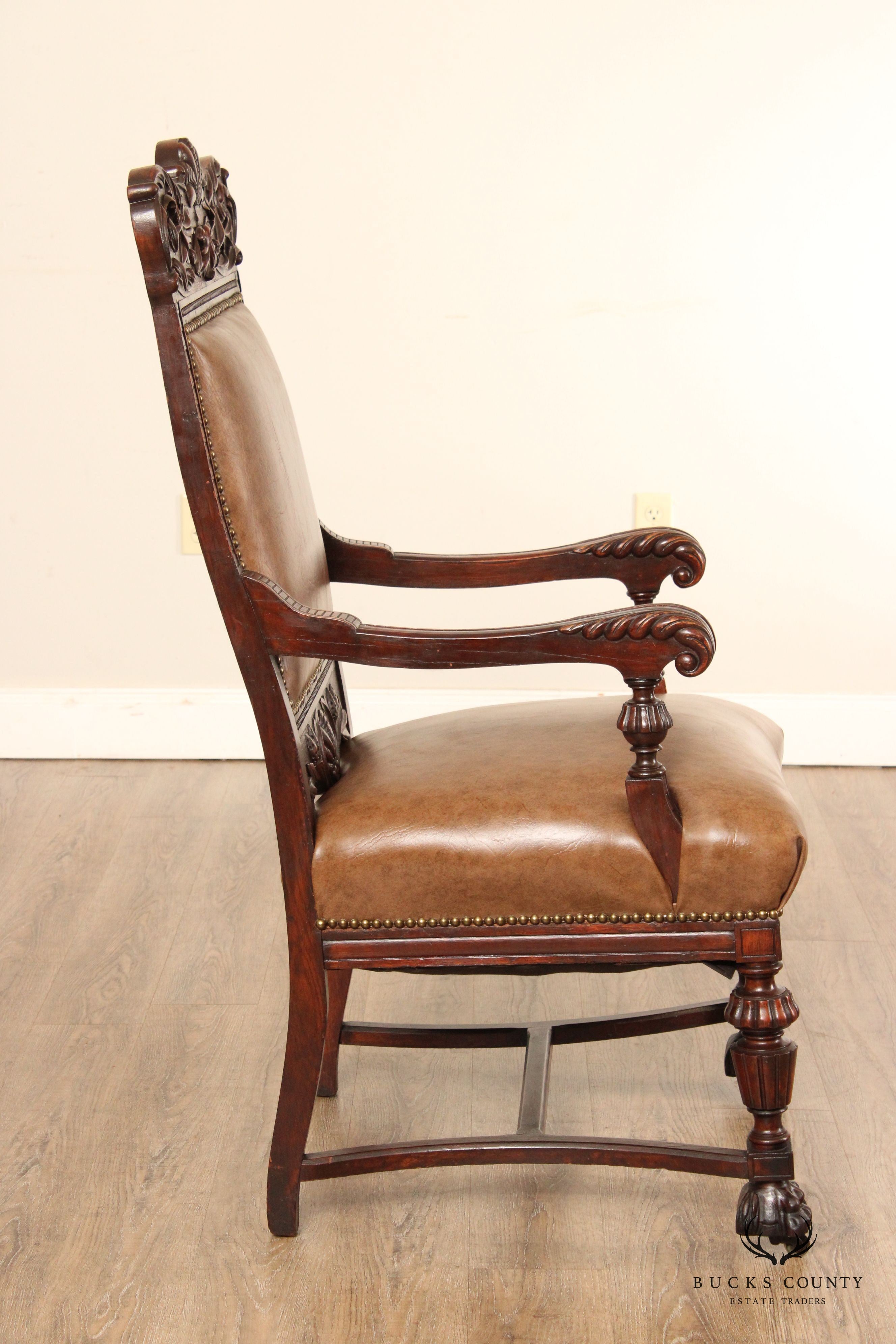 Antique Victorian Renaissance Revival Pair Carved Oak Throne Chairs