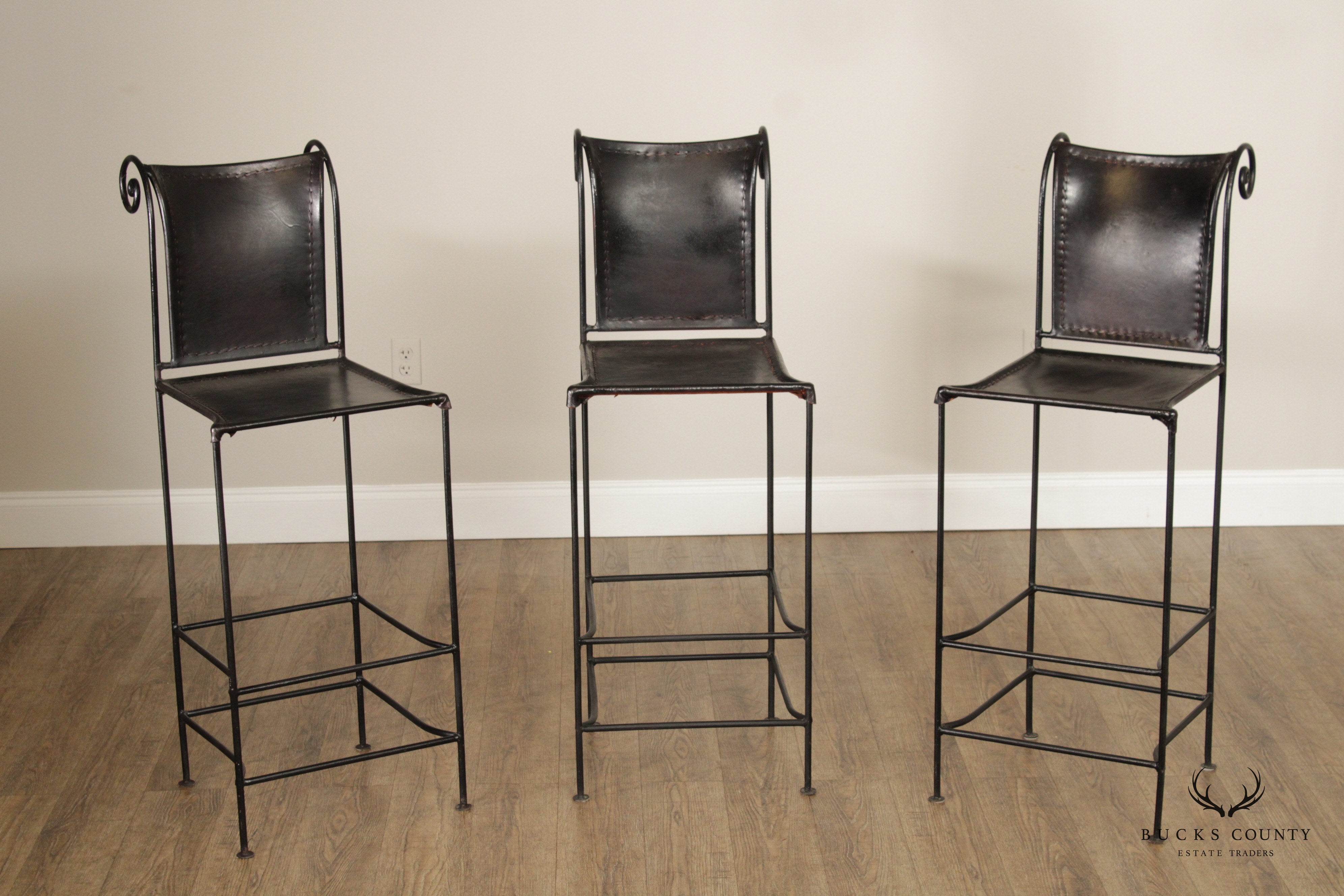 William Sheppee Set of Three Wrought Iron and Leather Bar Stools