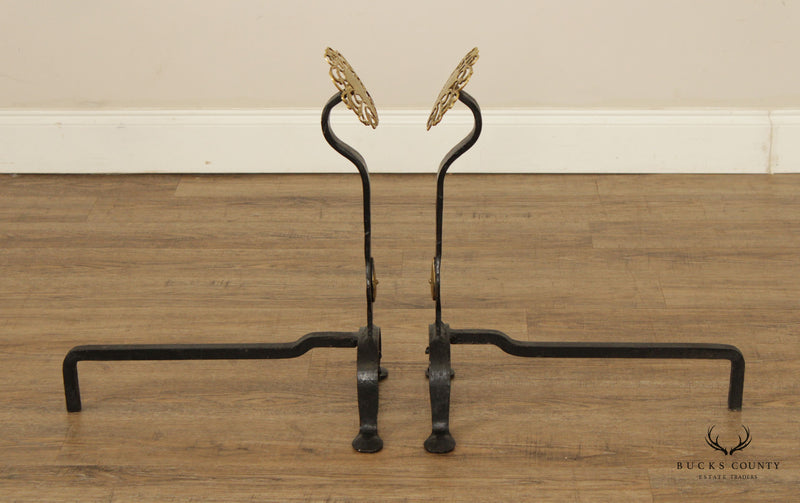 Antique Pair of Hand Forged Iron and Brass Fireplace Andirons