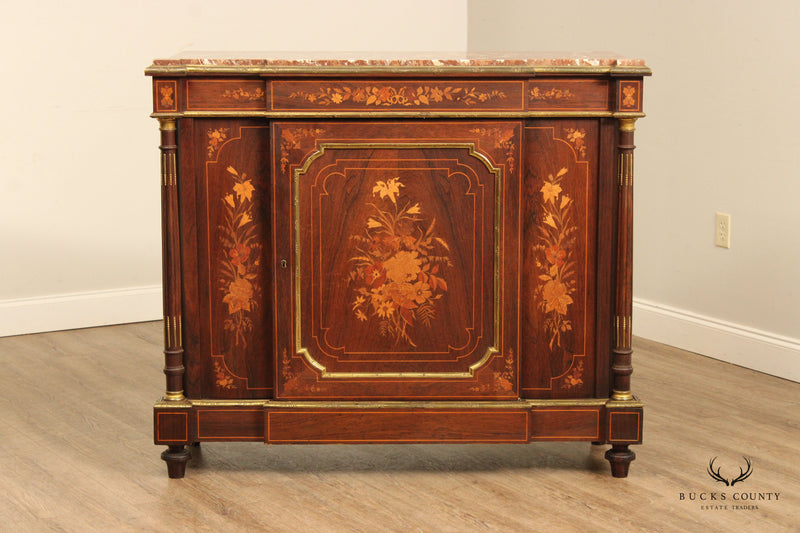 Antique 19th C. French Napoleon III Marquetry Inlaid Marble Top Cabinet