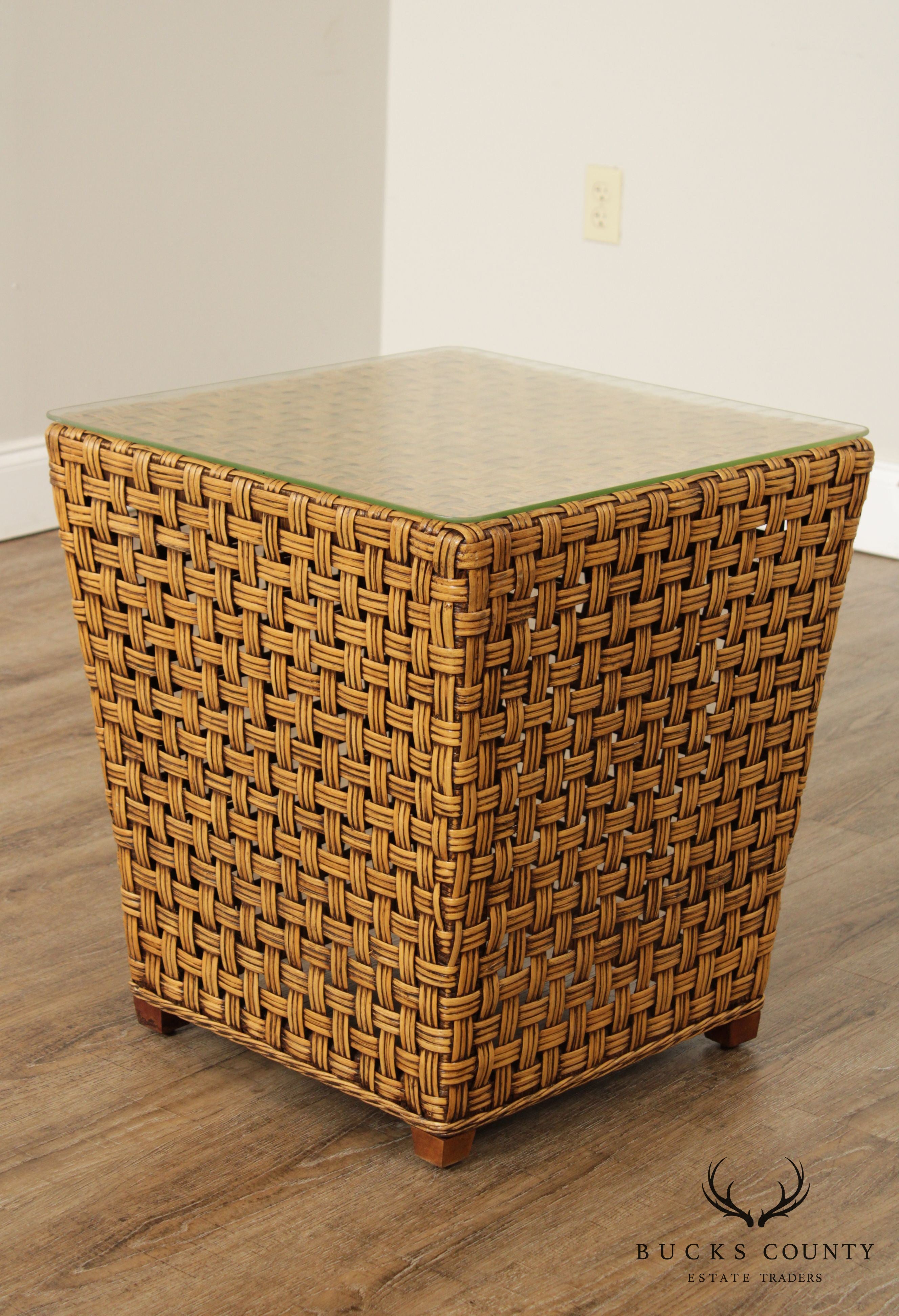 Vintage Woven Wicker Square Glass Top Side Table