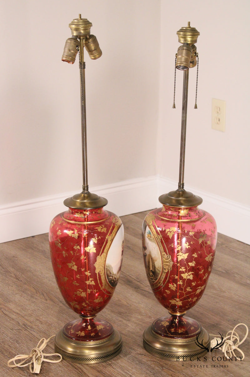 Pair Large Bohemian Red Glass Vase Lamps Overlaid with Gilt Ivy and Decoration