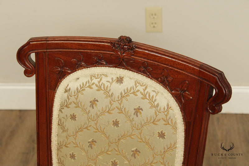 Antique French Art Nouveau Exceptional Quality Carved Mahogany Pair Upholstered Side Chairs