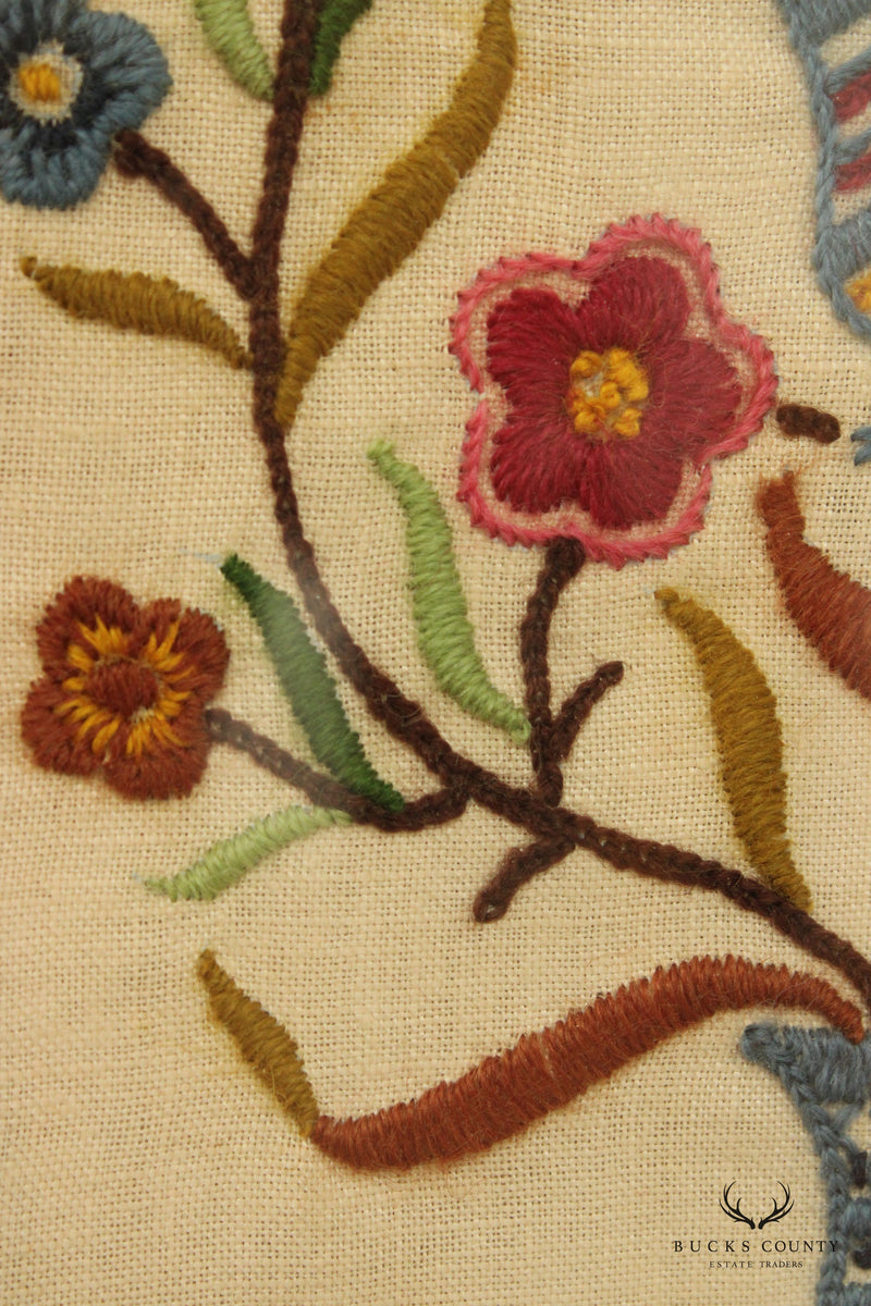 Vintage Crewel Embroidered Linen Textile, Custom Framed