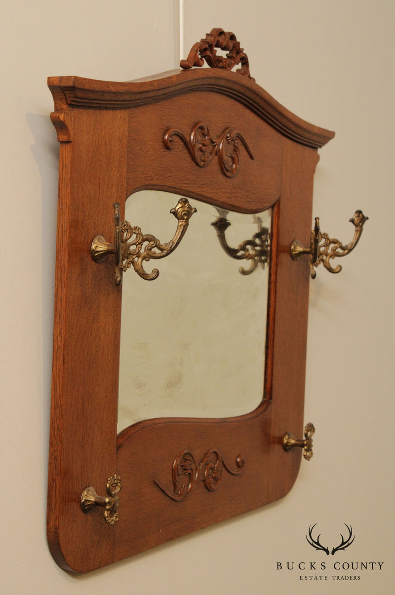 Antique Victorian Oak Hall Tree Wall Mirror