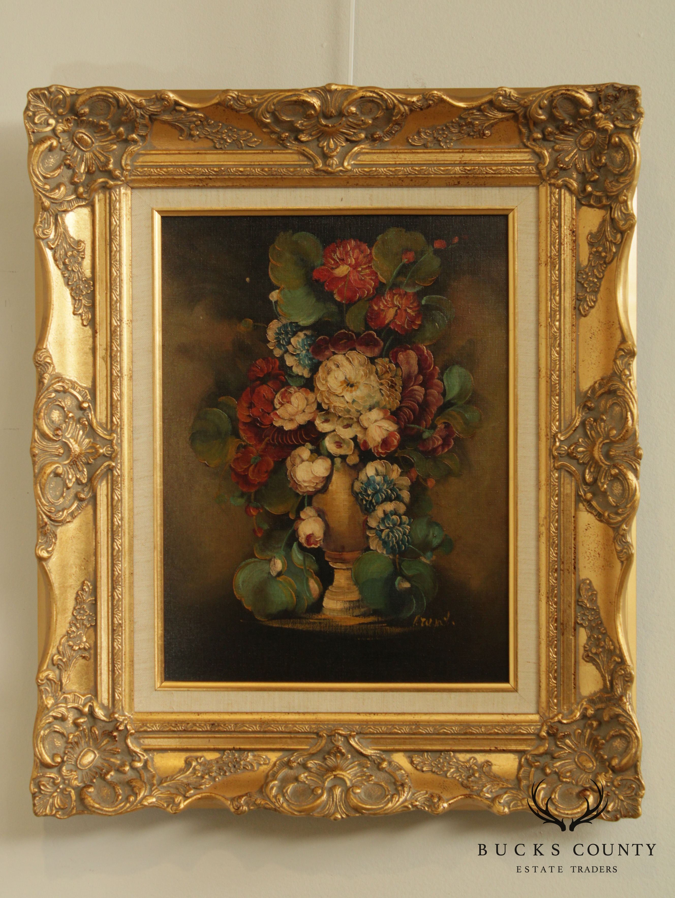 Artist Signed Gilt Frame Oil Painting on Canvas Flowers in Vase