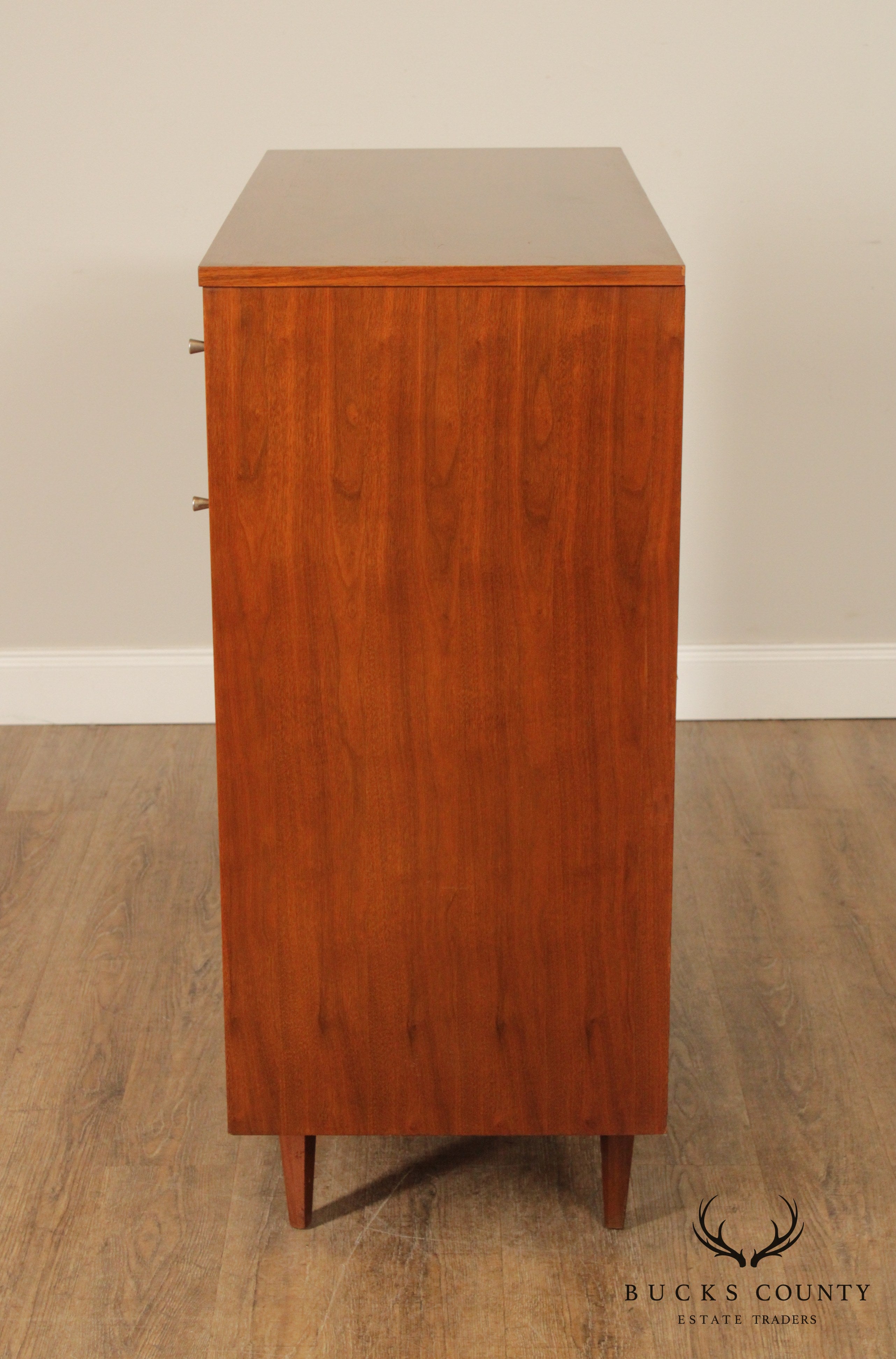 Mid Century Modern Vintage Walnut 5 Drawer Tall Chest