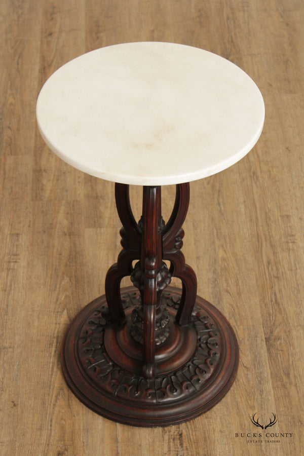 Antique Victorian Mahogany Carved Round Marble Top Pedestal