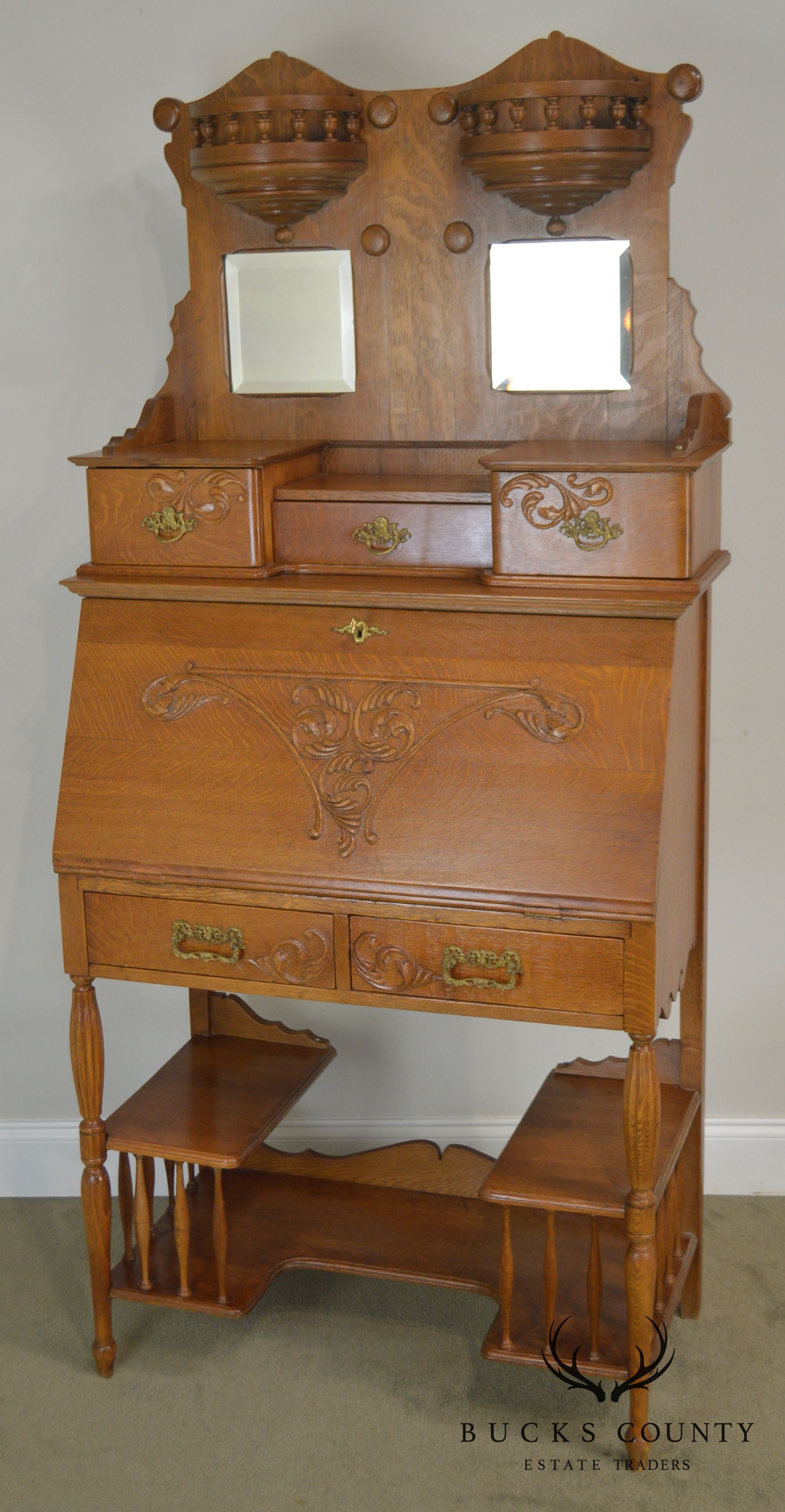 Victorian Antique Golden Oak Slant Front Secretary Desk Etagere