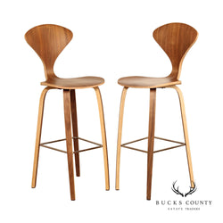Norman Cherner Style Pair Modern Walnut Bentwood Barstools