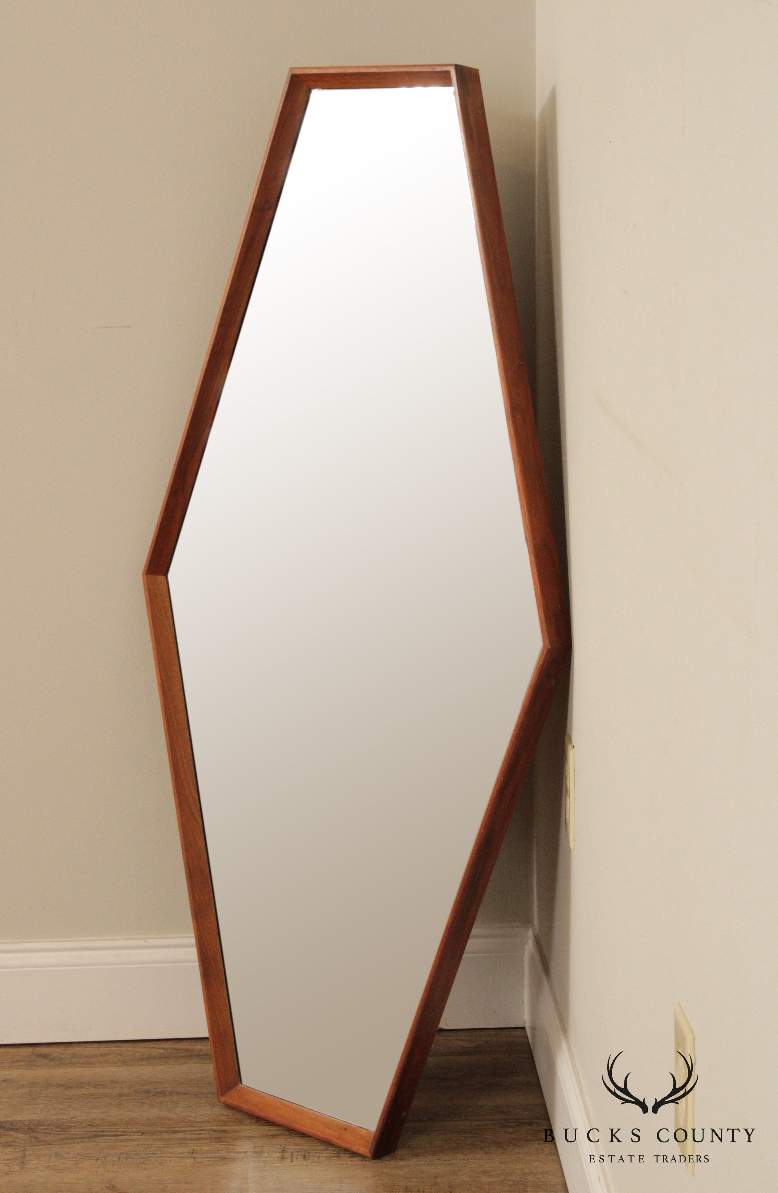 Mid Century Modern Walnut Hexagon Wall  Mirror