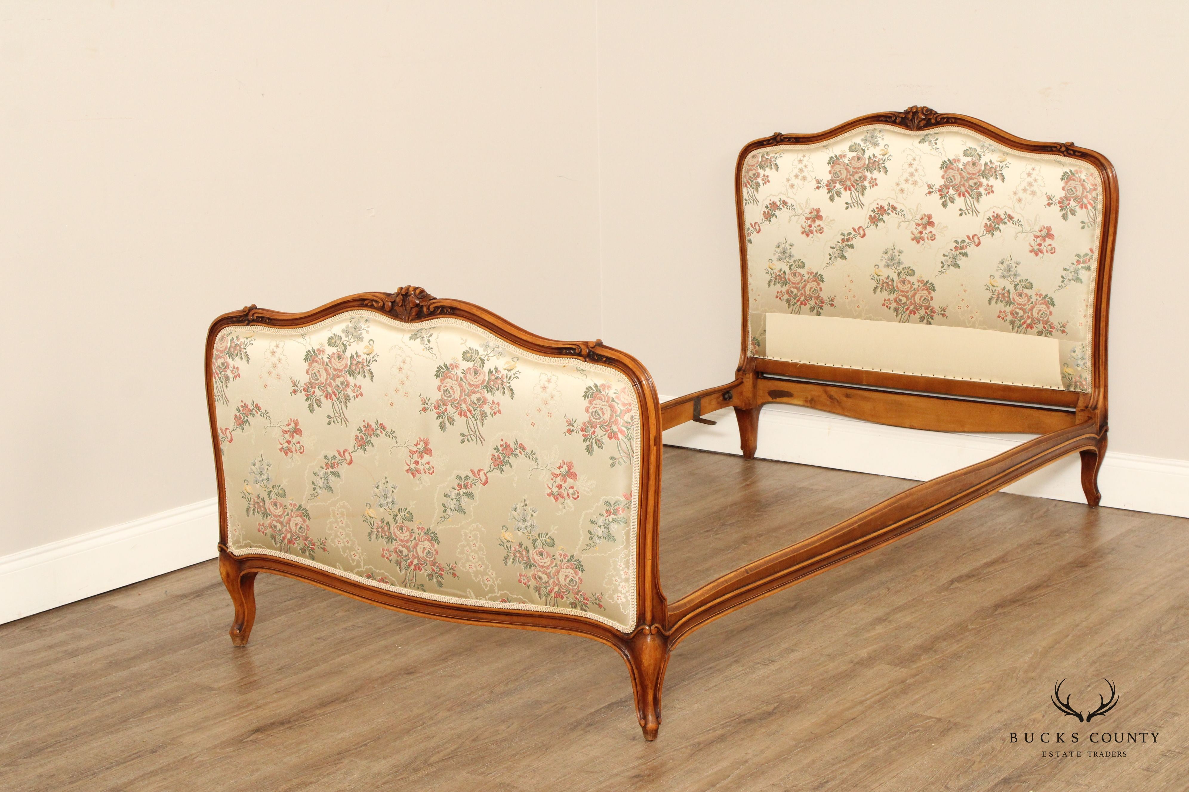 French Louis XV Style Pair Of Carved Frame Upholstered Twin Beds