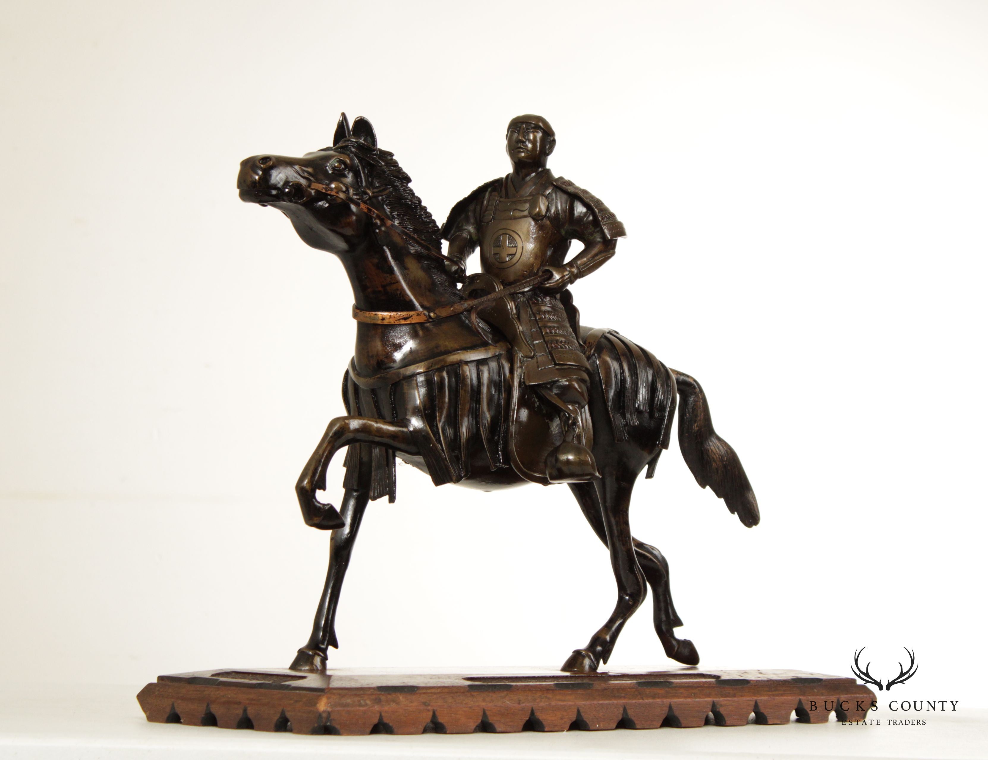 Antique Japanese Samurai Warrior on Horse Bronze Sculpture