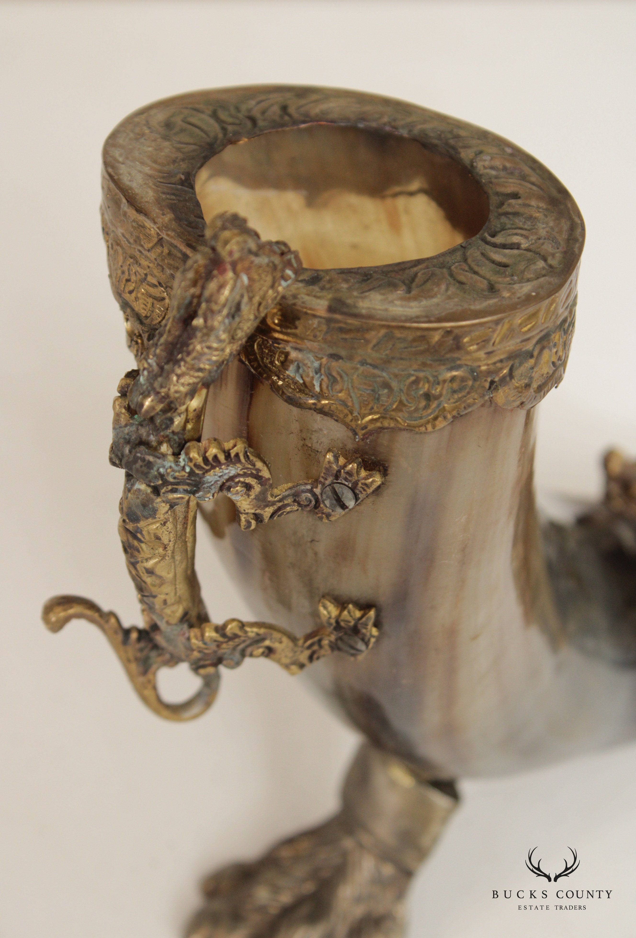 Antique Brass Dragon Mounted Drinking Horn