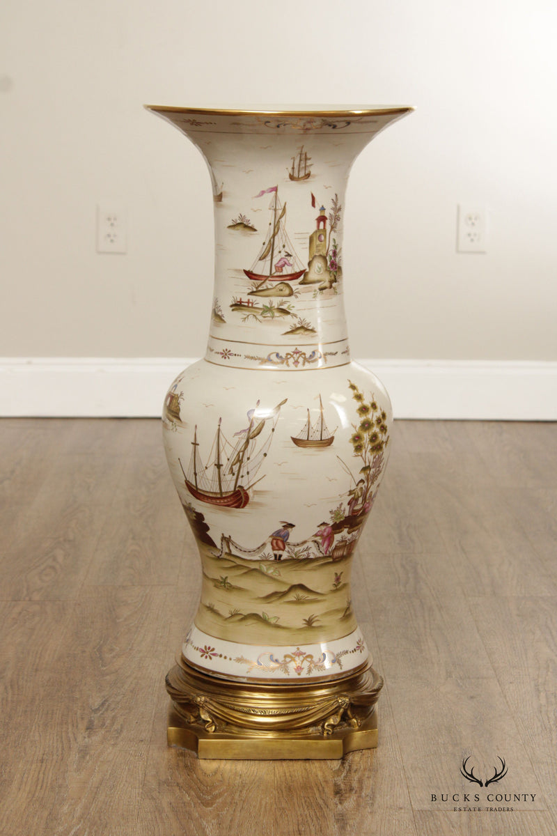 VINTAGE PAIR OF CHINESE PORCELAIN VASES WITH BRASS BASES
