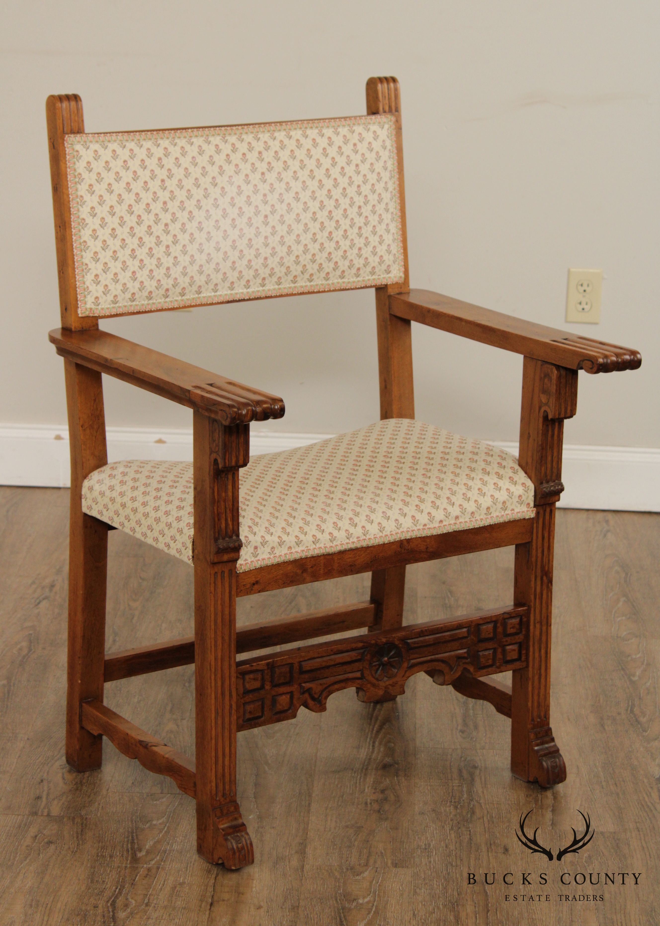 Antique Spanish Renaissance Style Pair Walnut Armchairs