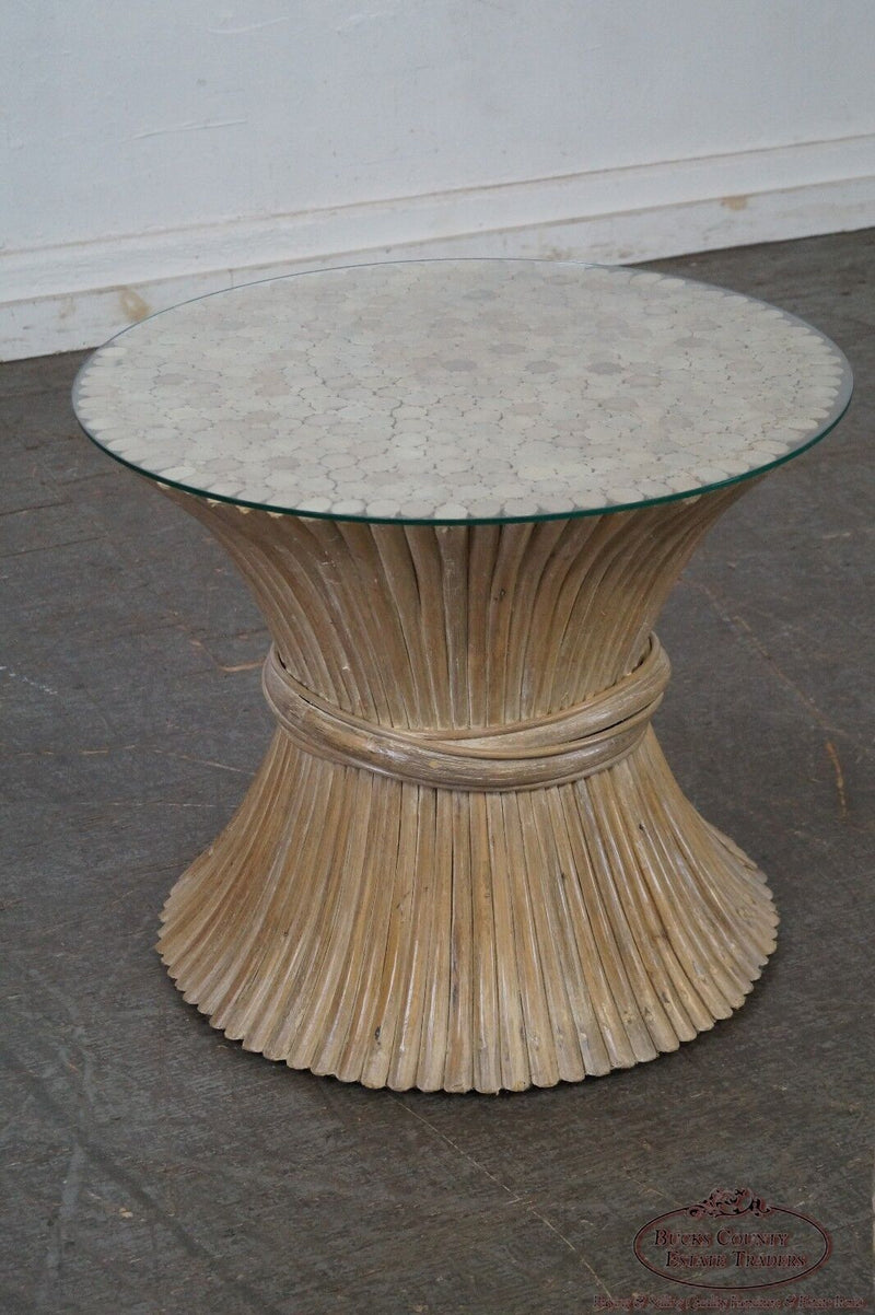 McGuire Style Rattan Wheat Sheaf Glass Top Side Table