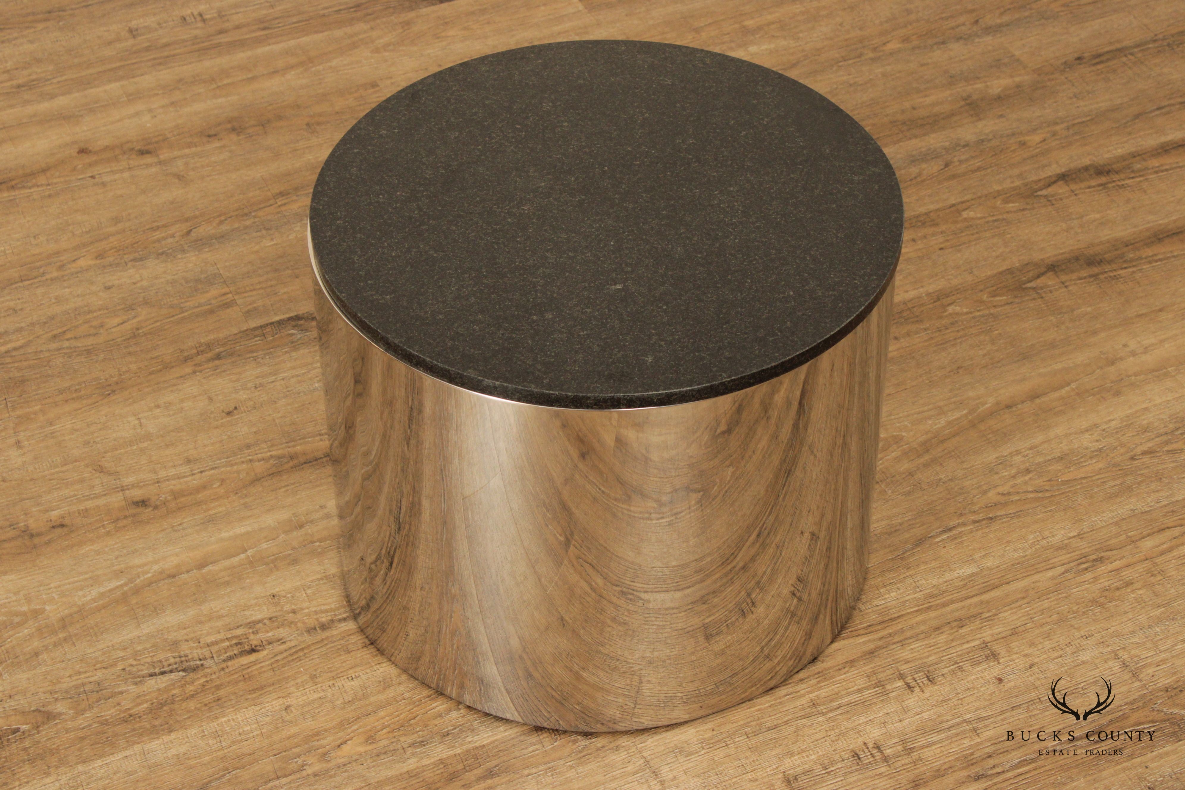 Modern 1970s Granite Top Metal Drum Side Table