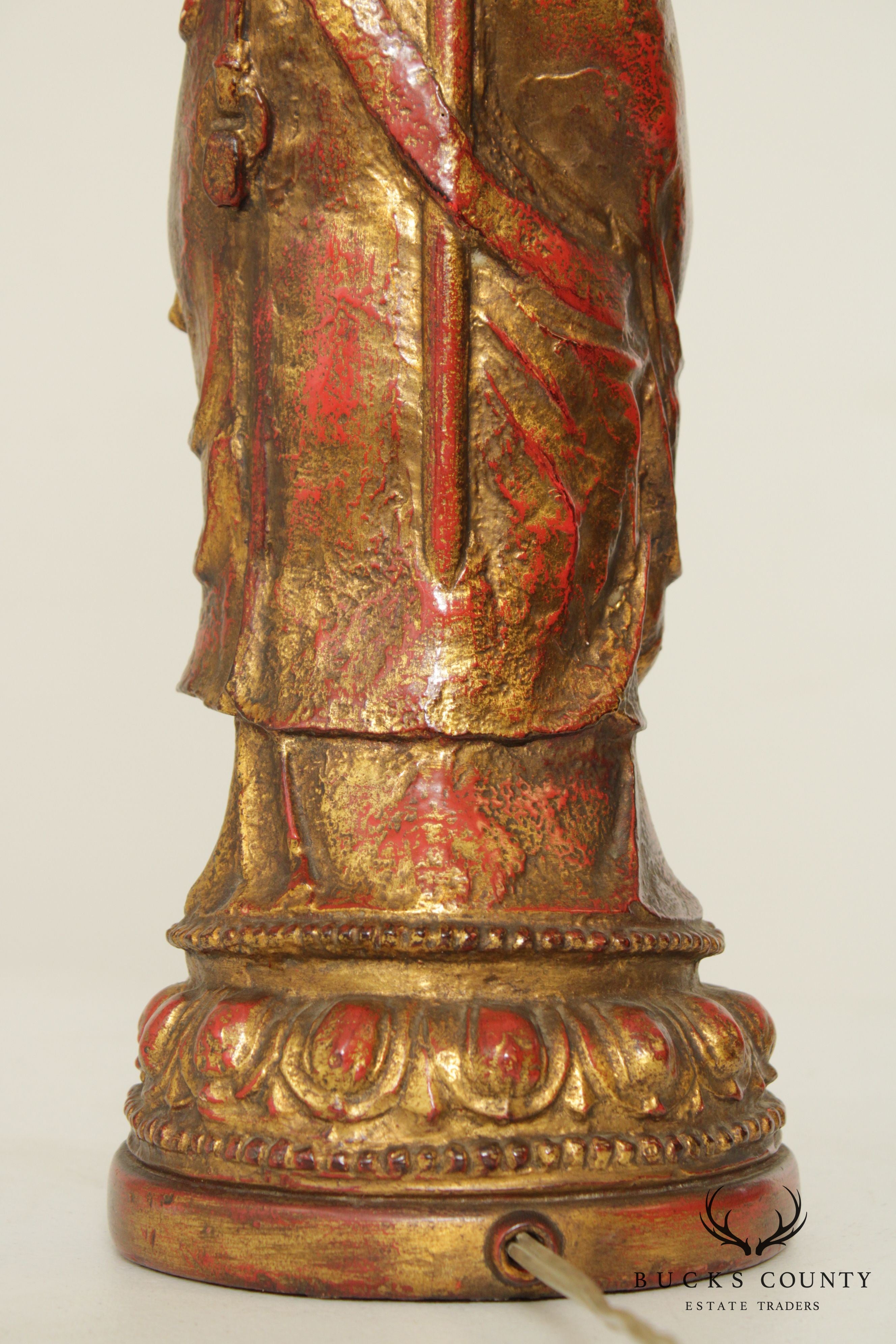 Vintage Partial Gilt Polychrome Resin Buddha Lamp