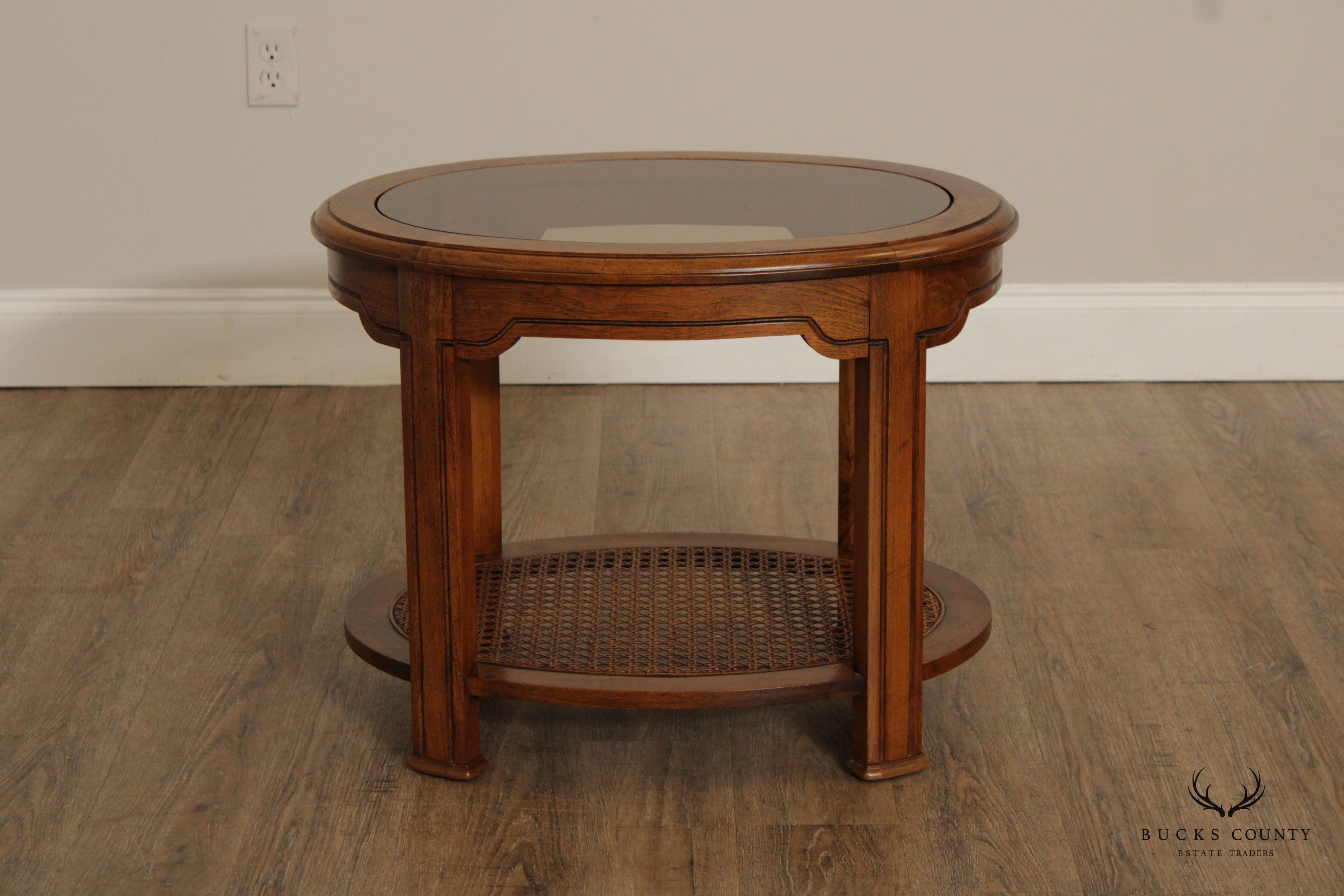 Asian Inspired Vintage Oval Two-Tier Glass Top End Table
