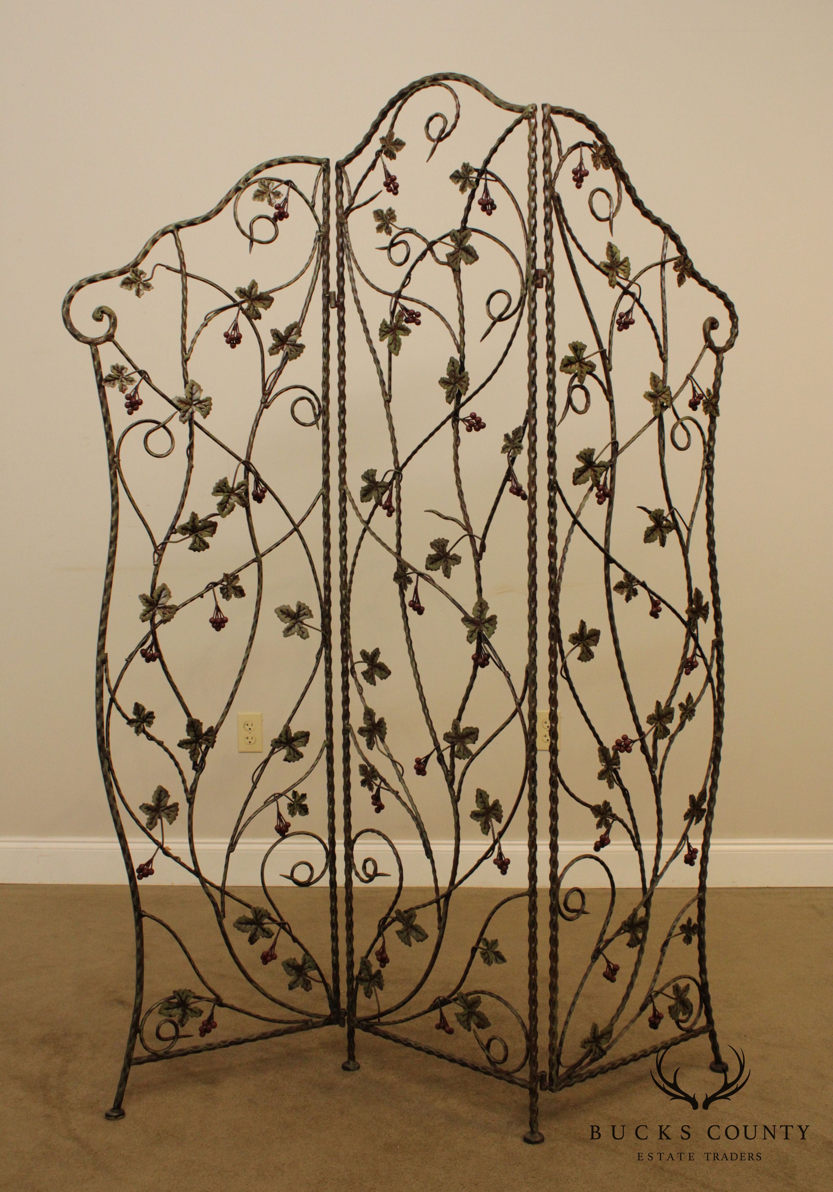 Quality Wrought Iron 3 Panel Leaf & Berries Room Divider Folding Screen