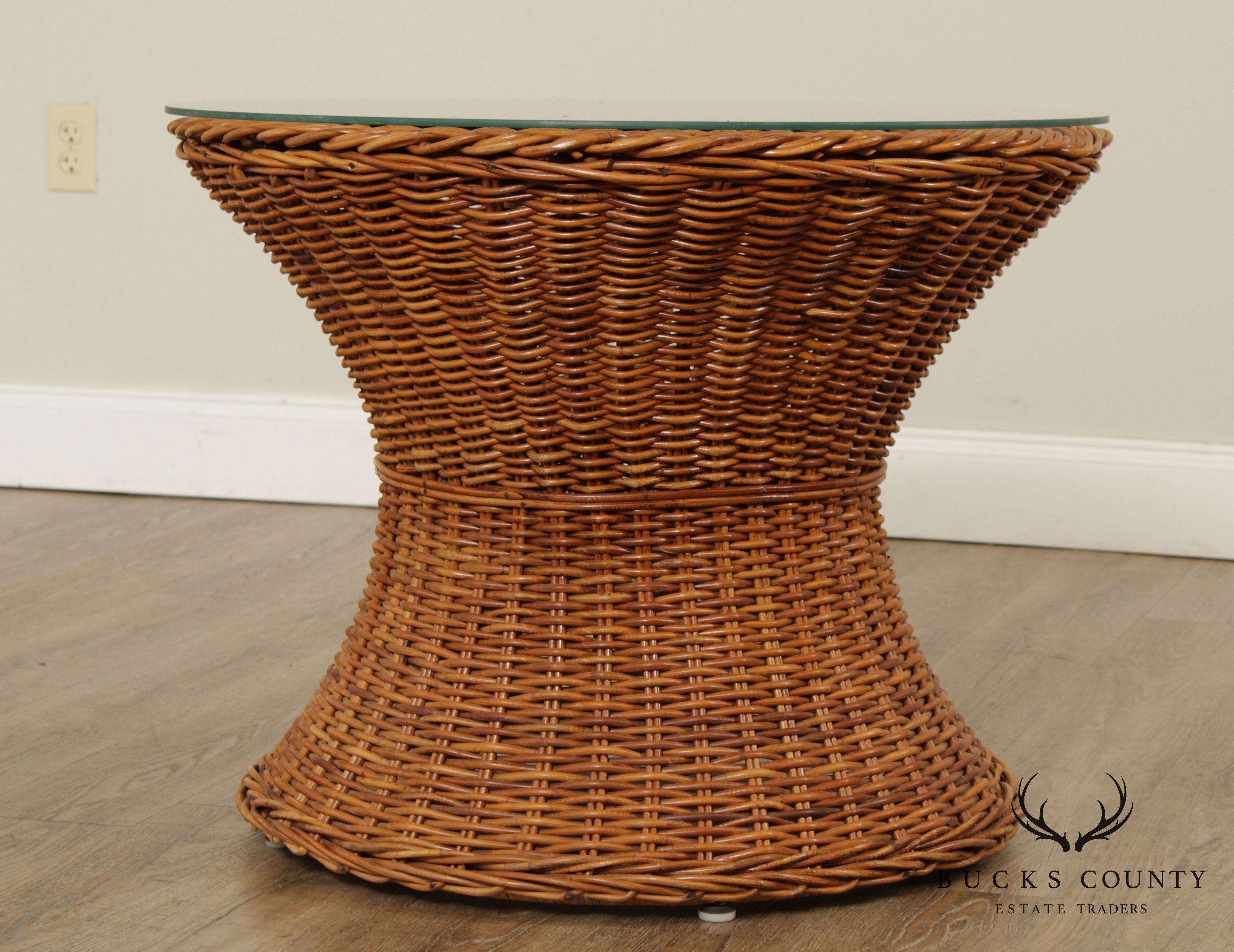 Midcentury Round Glass Top Wicker Side Table