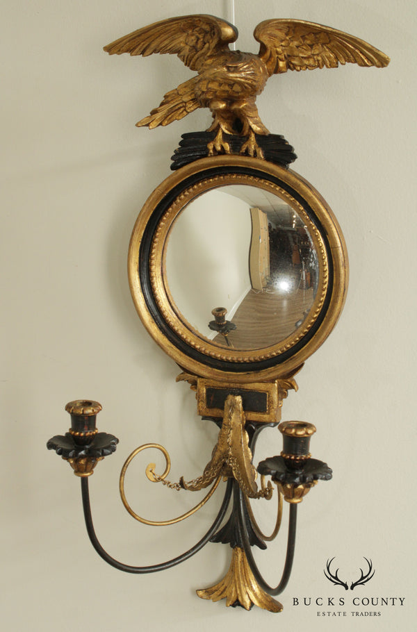 Friedman Brothers Vintage Black and Gold Convex Bulls eye Mirror, Sconce with Eagle
