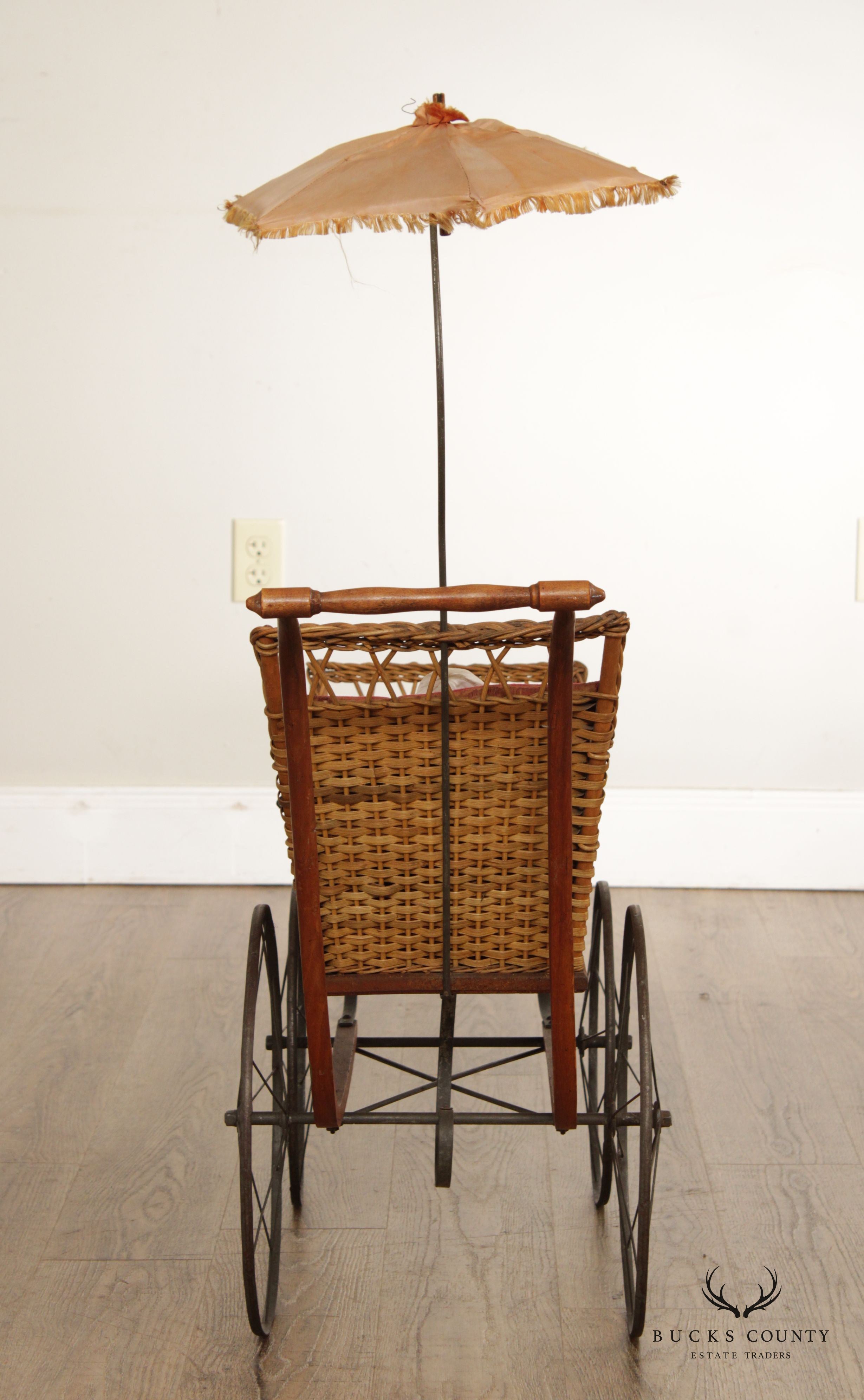 Antique Victorian Wicker Carriage Stroller with Umbrella