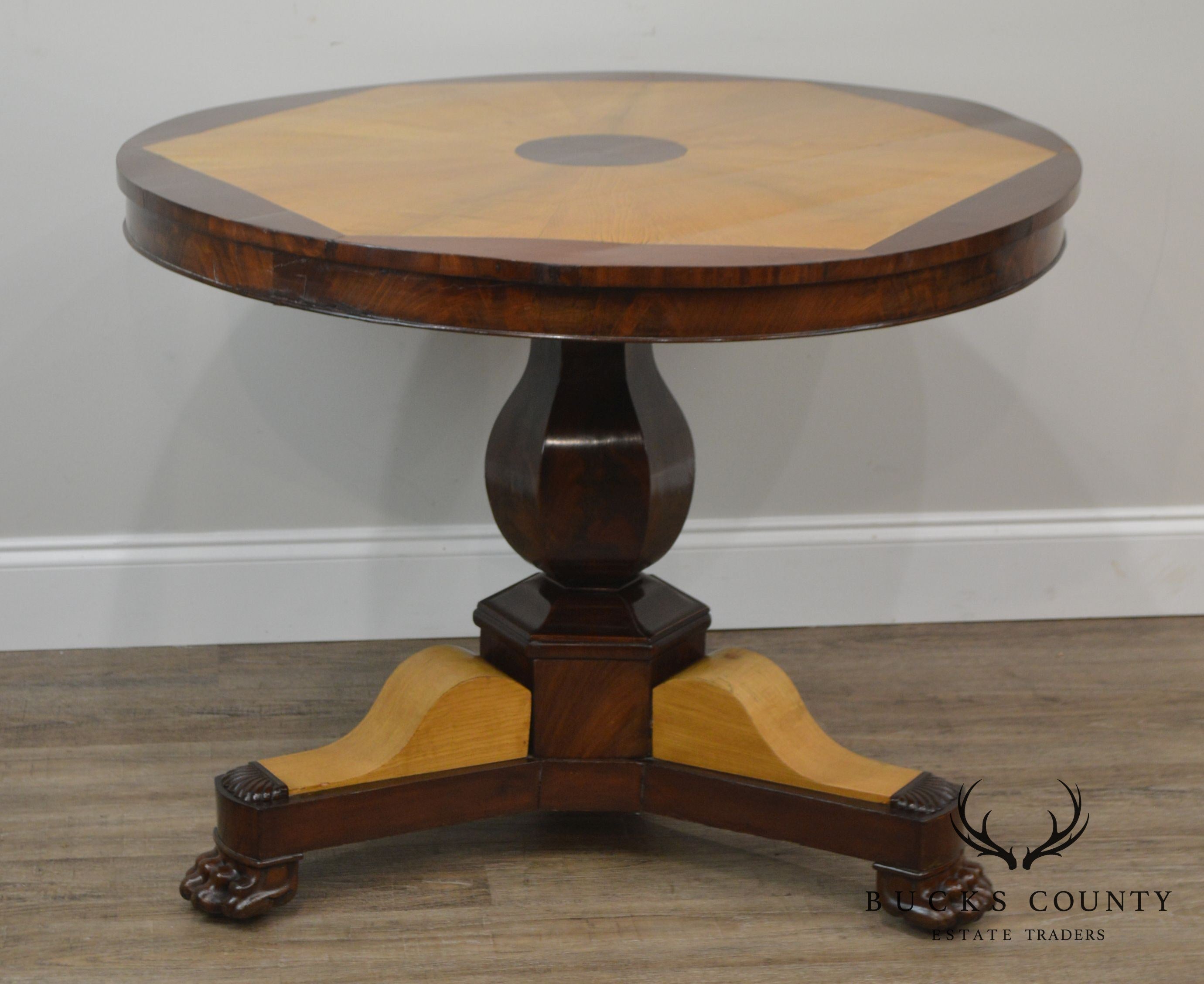 French Charles X Antique Mahogany & Elm Wood 2 Tone Round Center Table