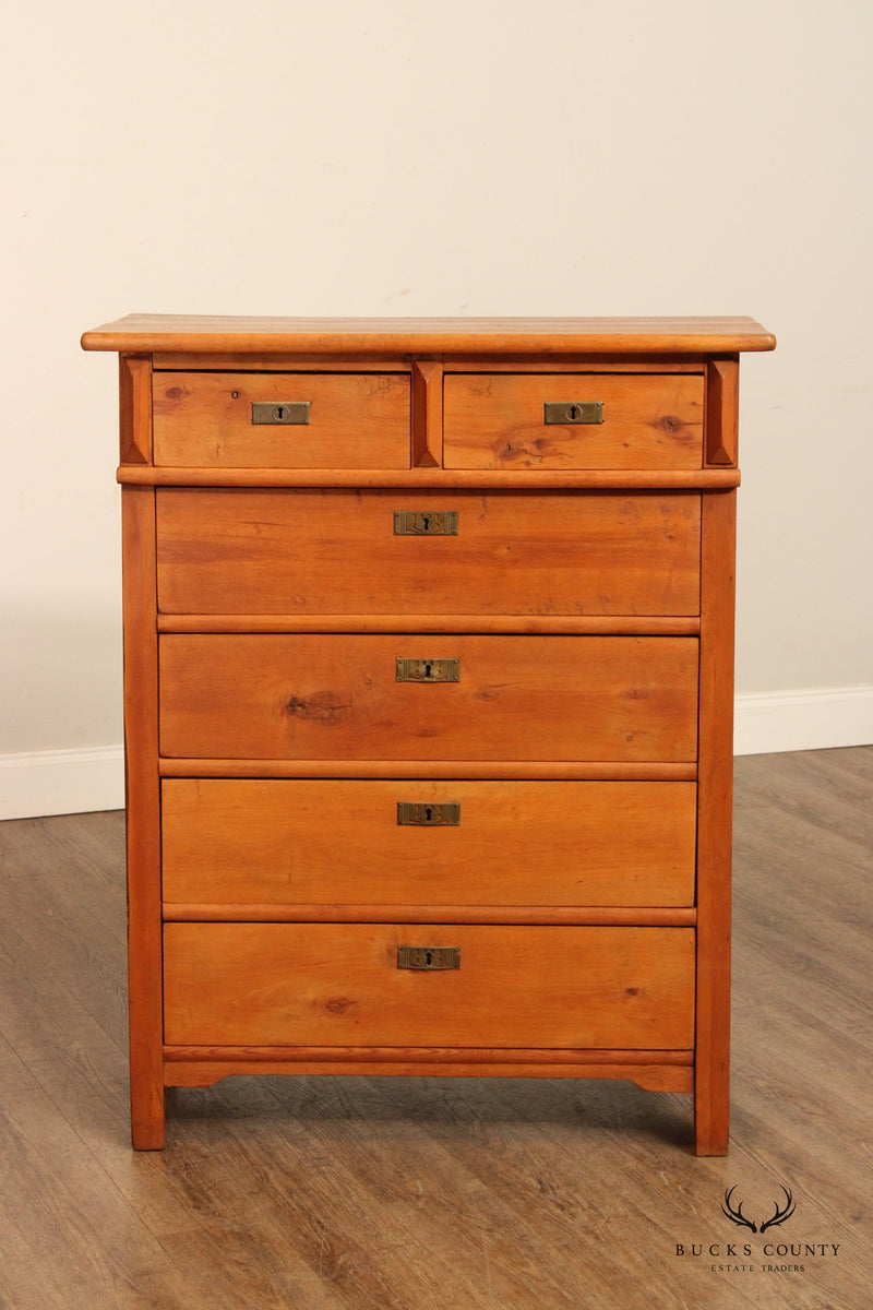 Campaign Style Antique Pine Tall Chest of Drawers