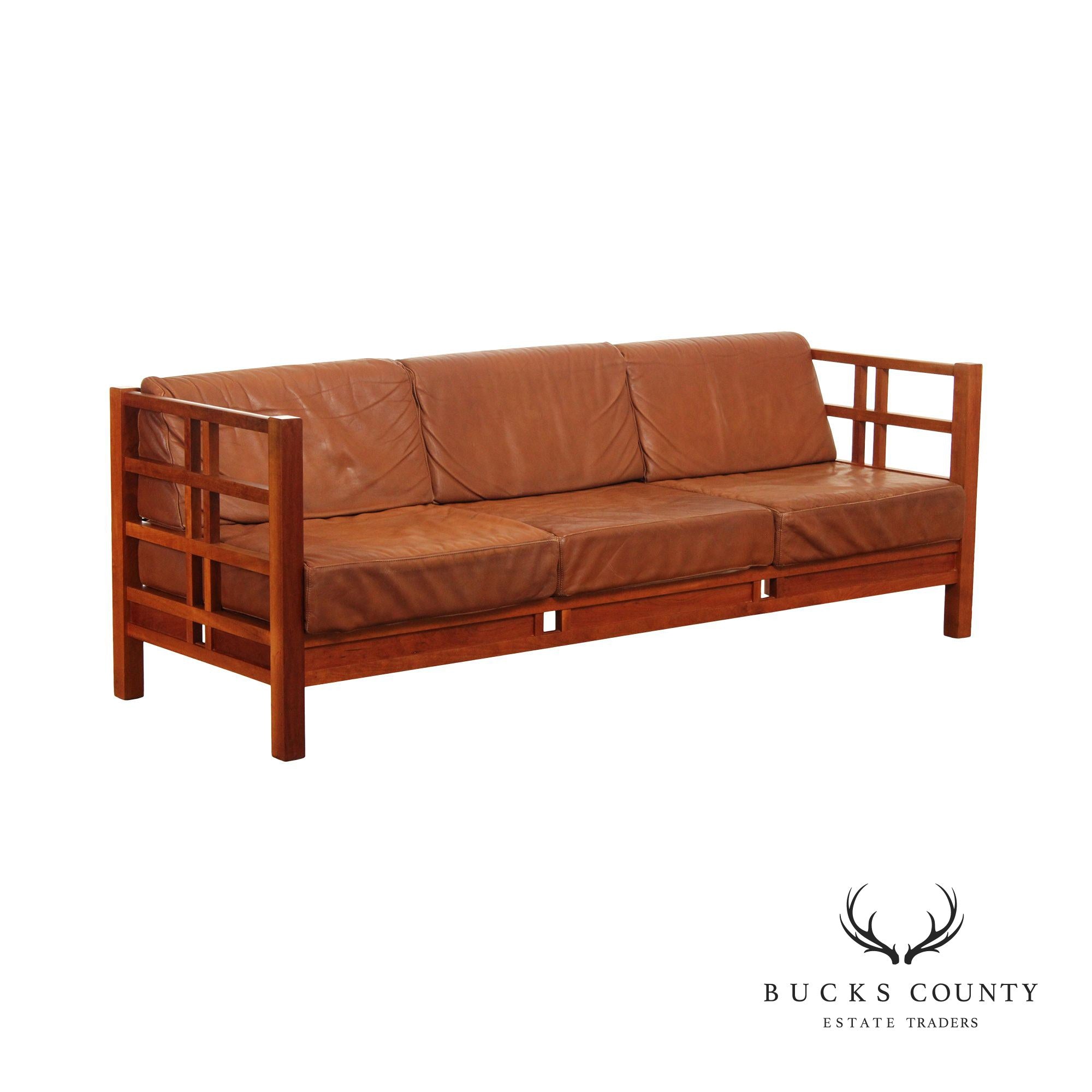 Thomas Moser Windward Cherry and Brown Leather Sofa