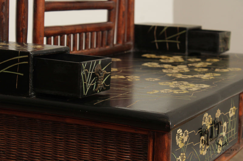 Antique Chinoiserie Painted Black Lacquer Bamboo Vanity