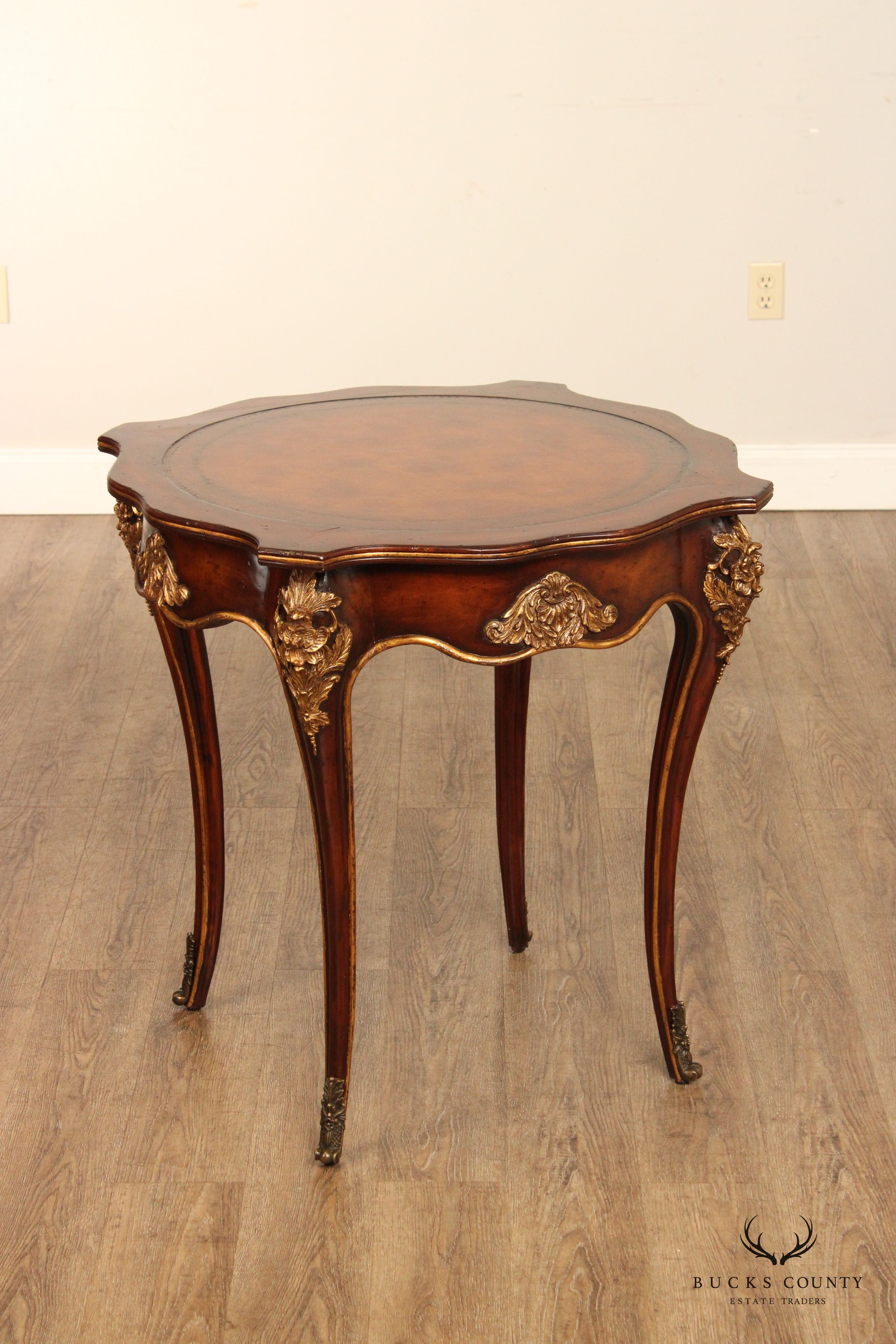 European Crossroads Renaissance Revival Style Leather Top Accent Table