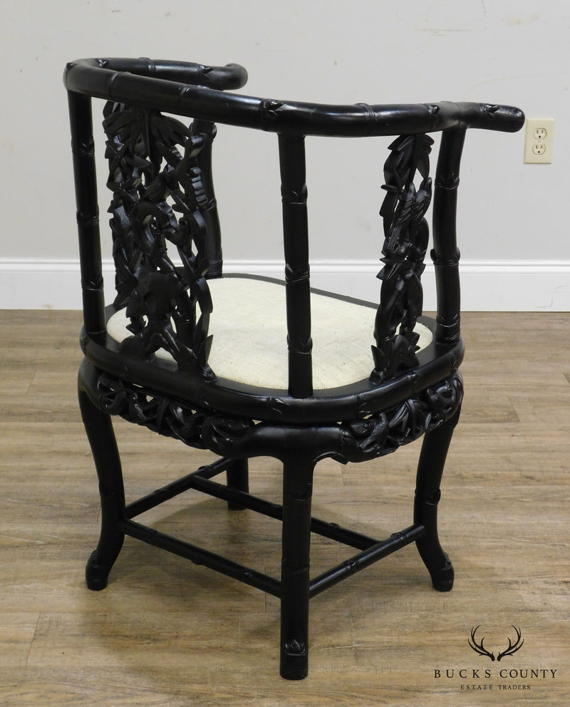 Antique Carved Chinese Hardwood Black Lacquered Armchair