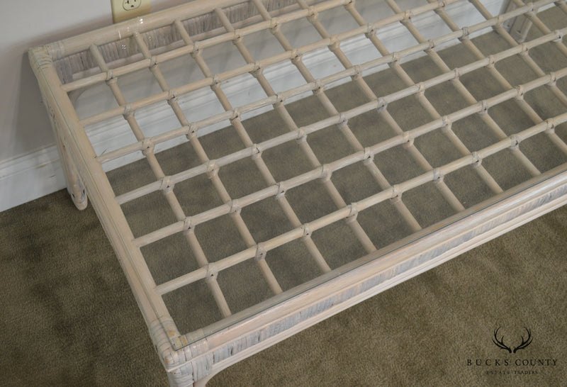 Vintage White Wash Rattan Glass Top Coffee Table