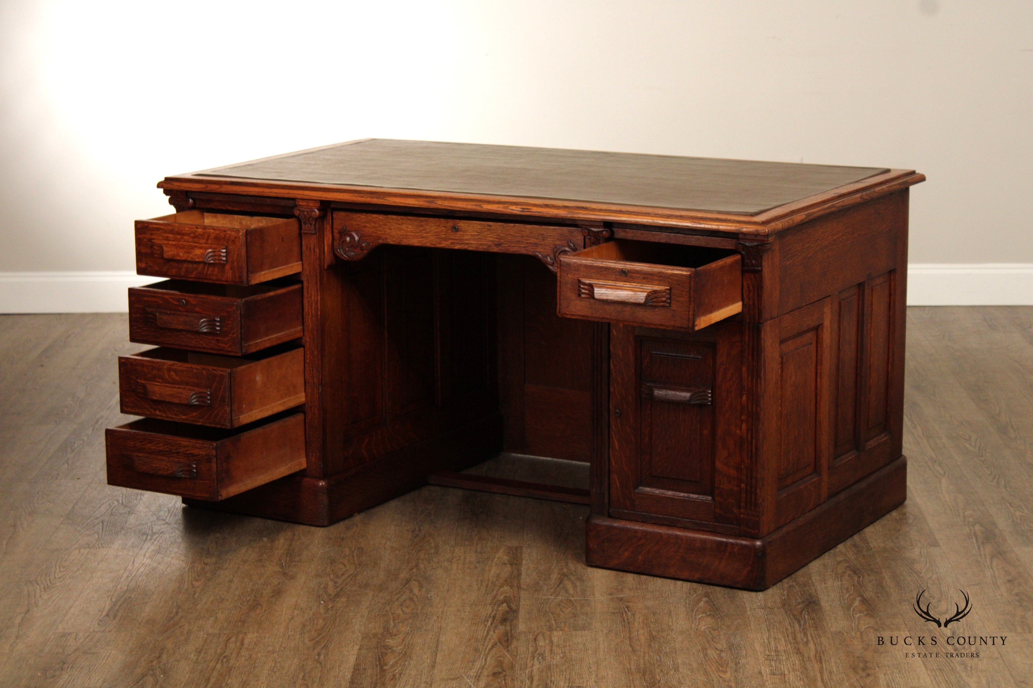 Antique Victorian Oak Wooten Style Executive Pedestal Desk