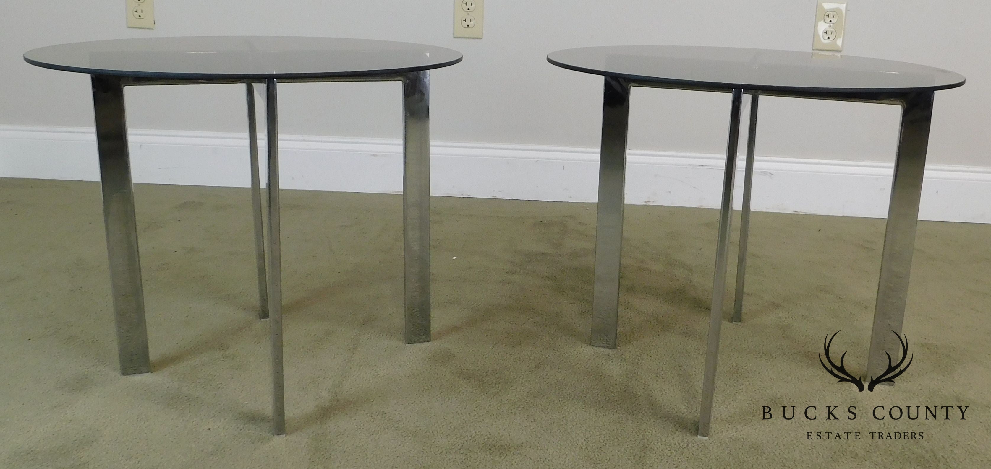 Milo Baughman Style Mid Century Pair Chrome Base Round Smoked Glass Side Tables